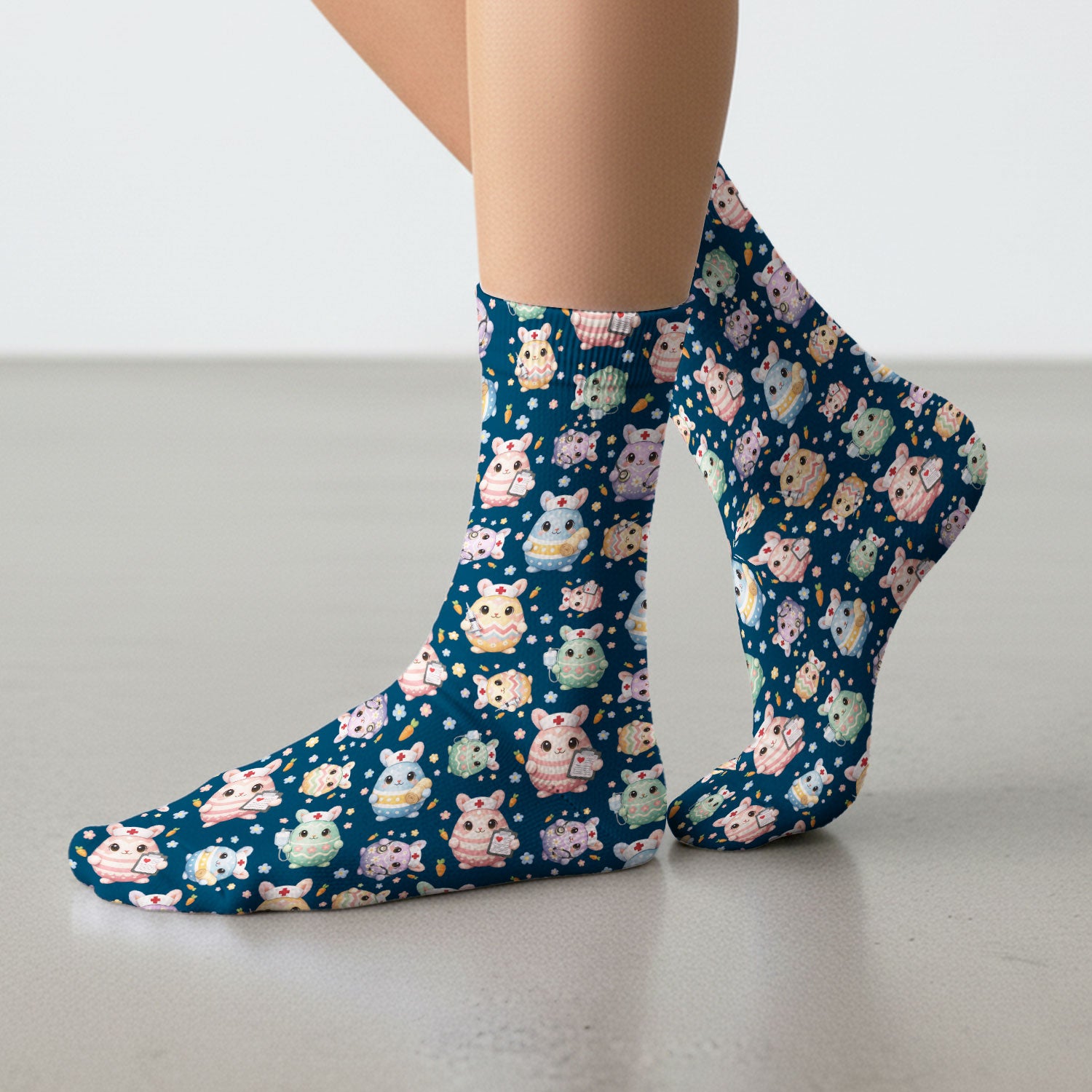 Cute Nurse Bunny Pastel Floral Print Socks, Breathable Fabrics Medical Uniform