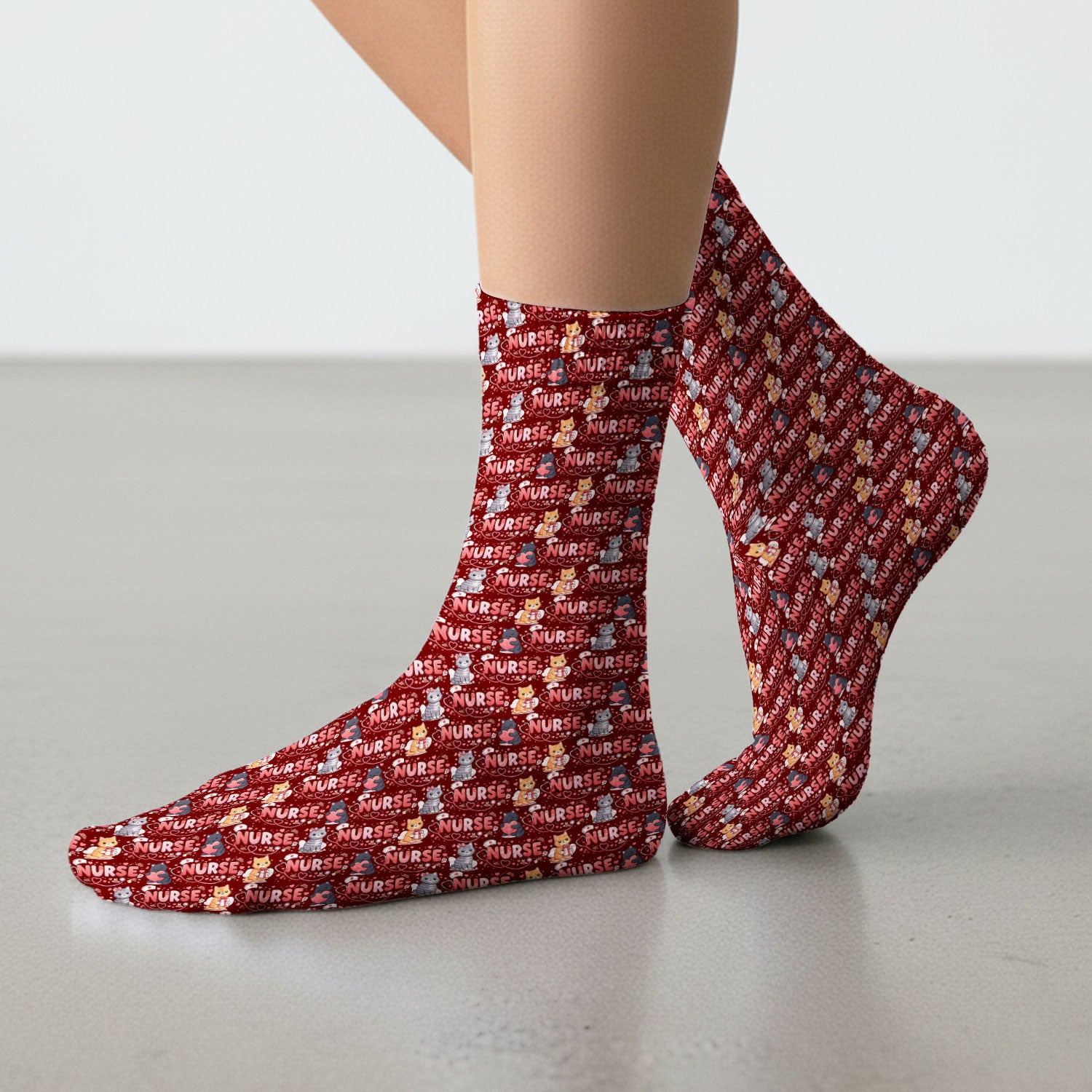 Nurse Cat Heart Pattern Valentine Socks, Socks for Nurse Doctor Adult