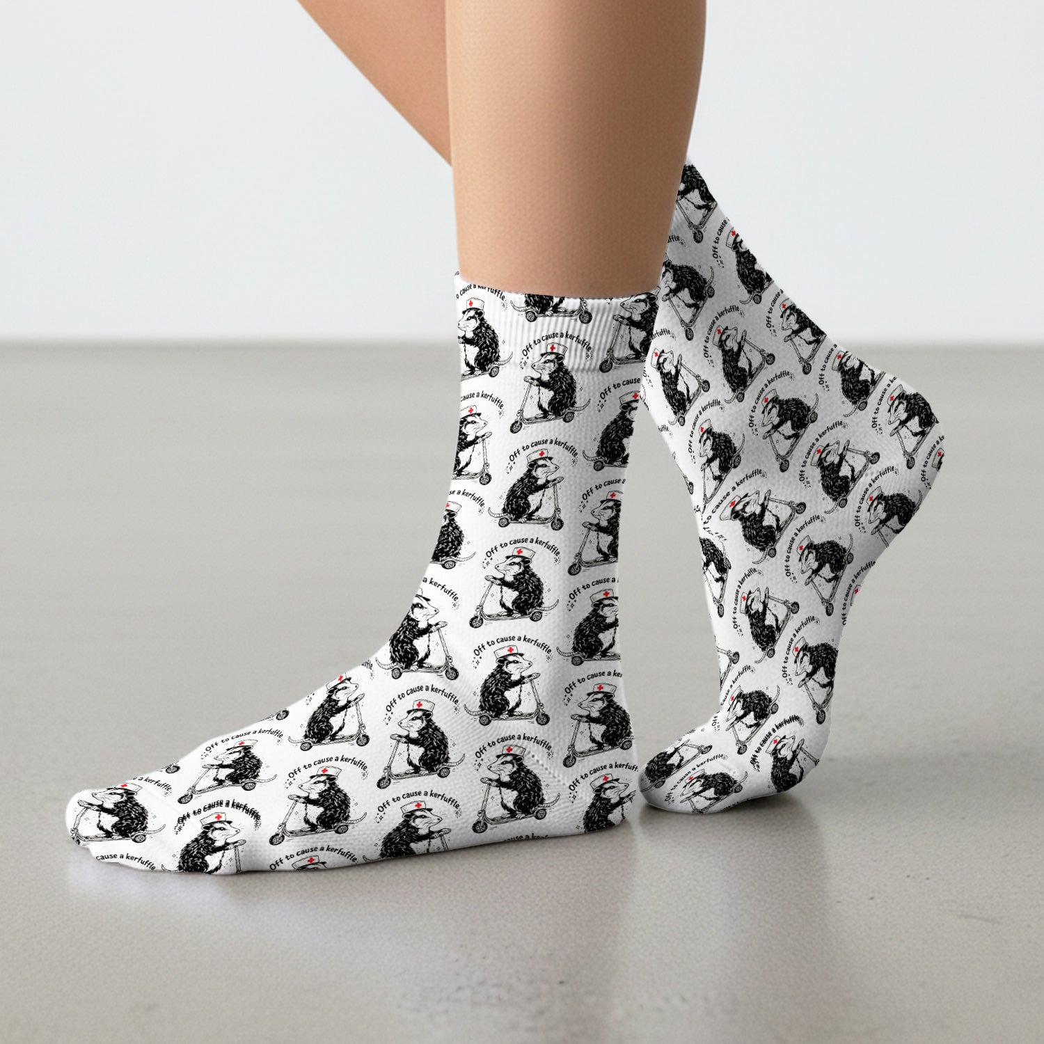 Funny Opossum Nurse Riding Scooter Pattern Socks, Socks for Nurse Doctor