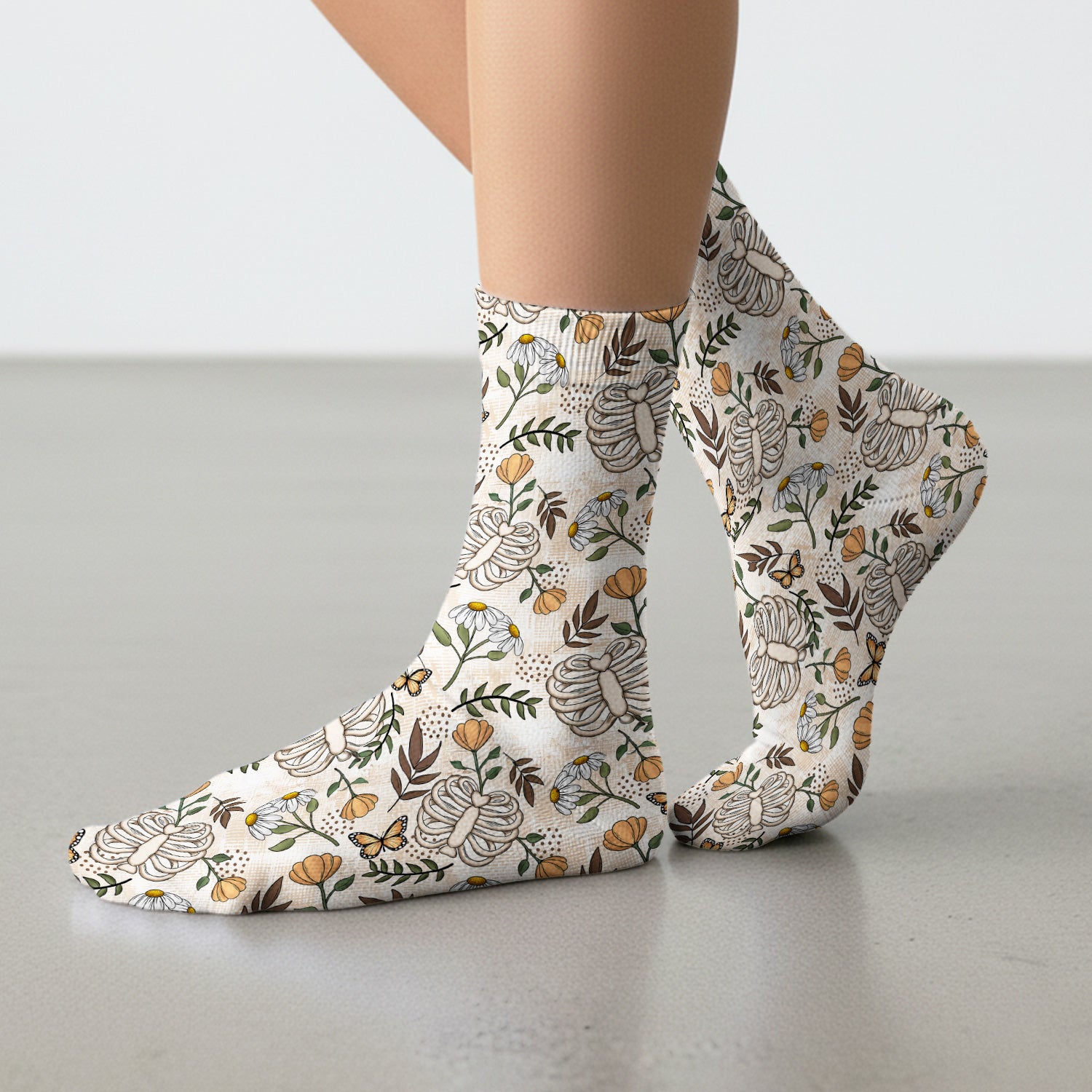 Skeleton Ribcage With Daisy And Butterfly Floral Socks, Adult Socks for Men and Women