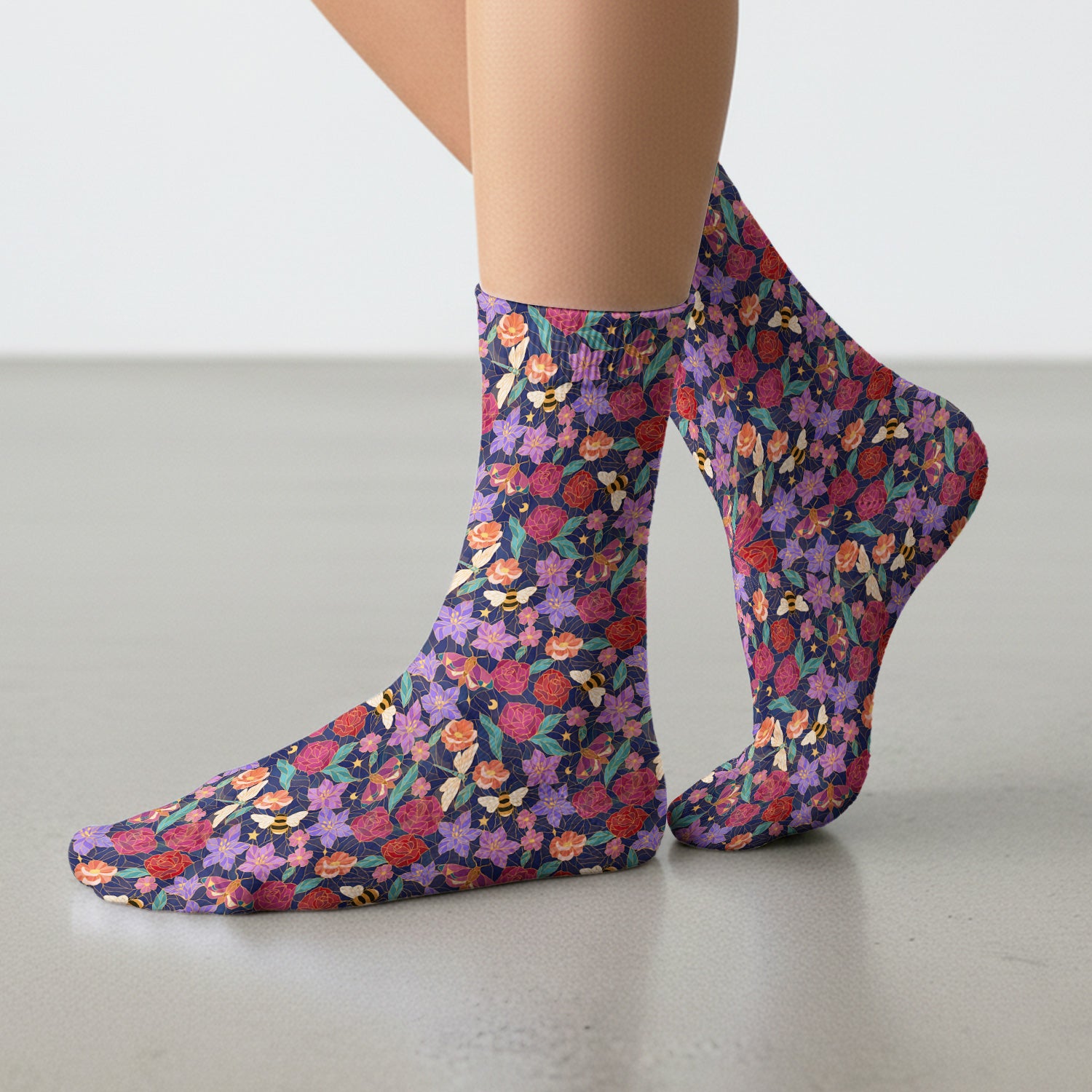Charming Floral Garden With Bees And Dragonflies Socks, Adult Socks for Men and Women