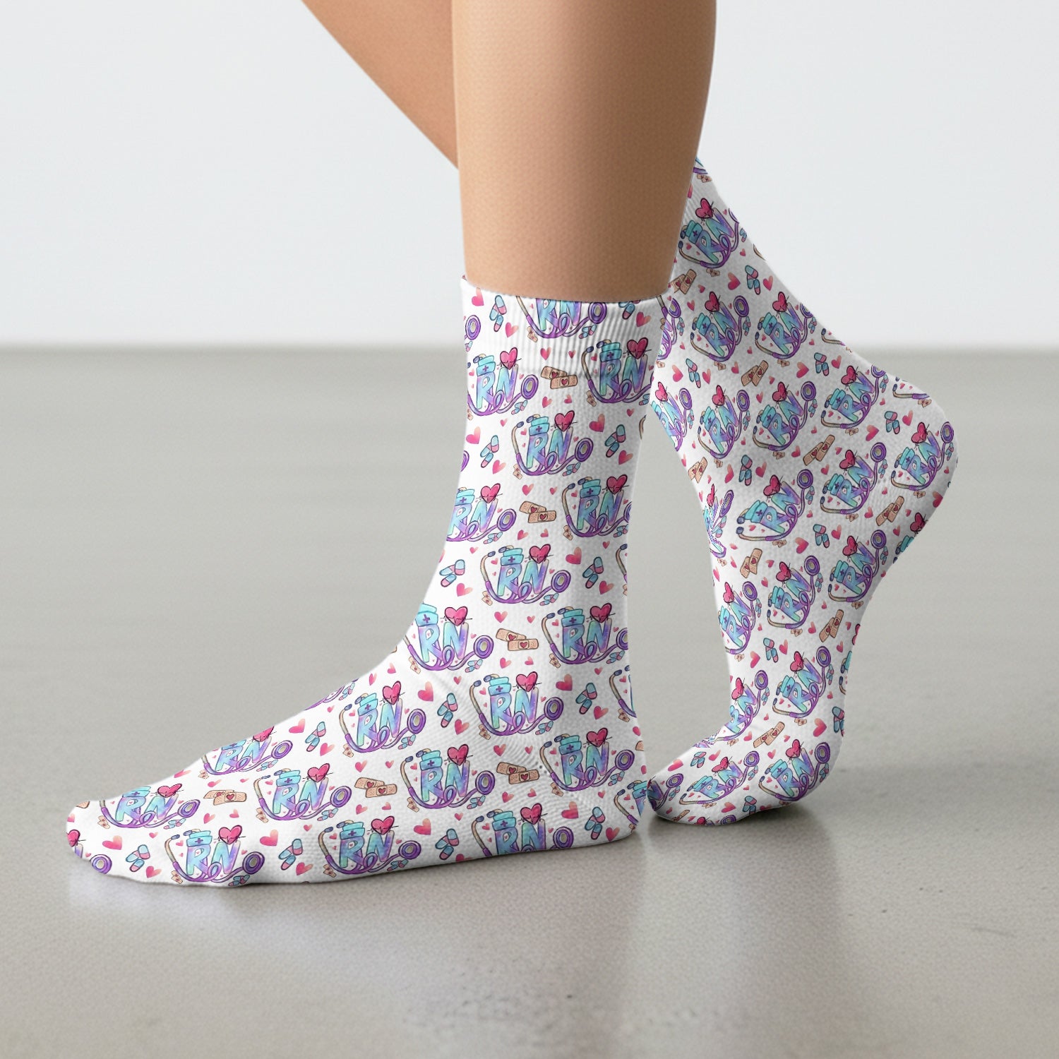 Nurse Life RN Heart Pattern Print Socks, Adult Socks for Men and Women