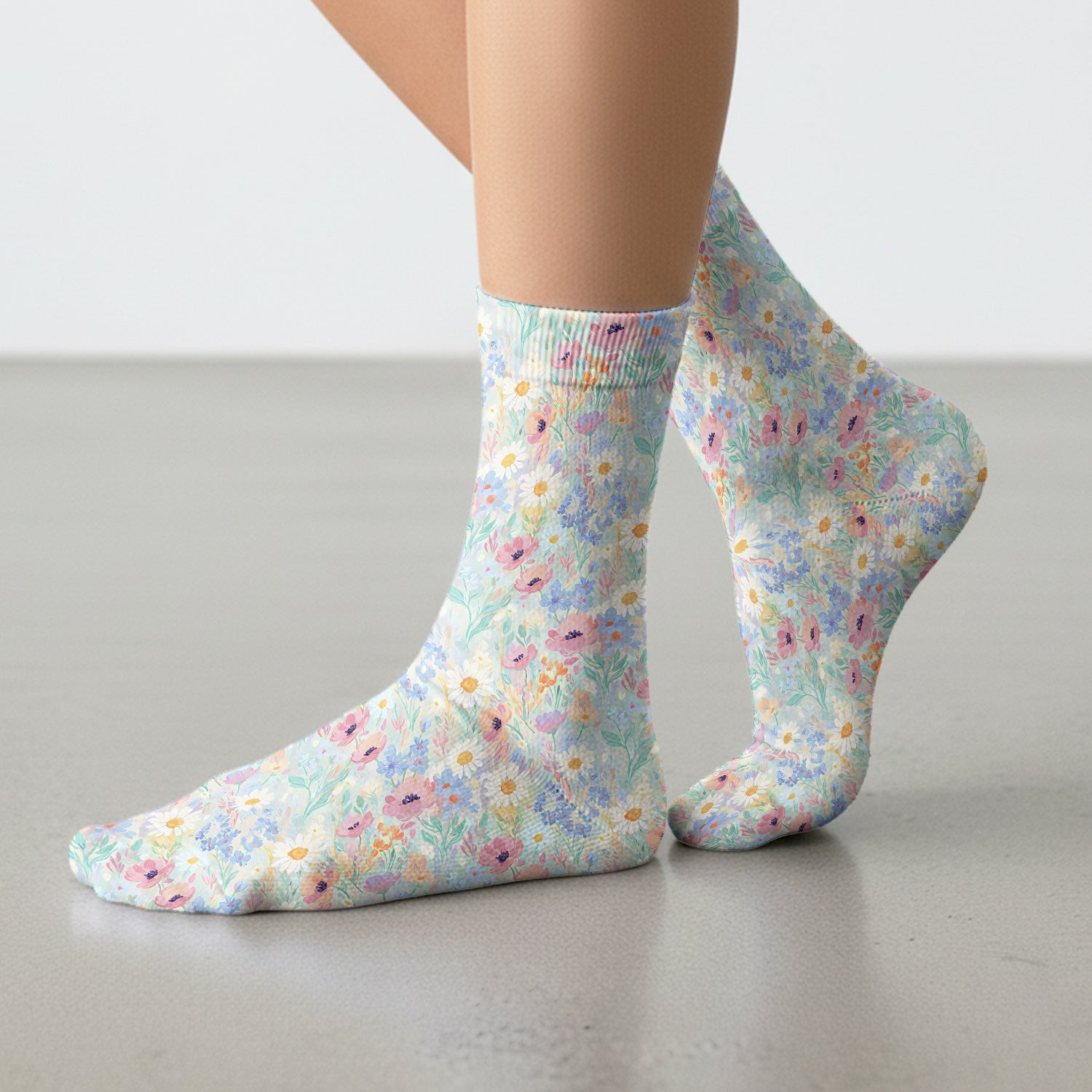Pastel Wildflower Meadow Floral Pattern Socks, Adult Socks for Men and Women