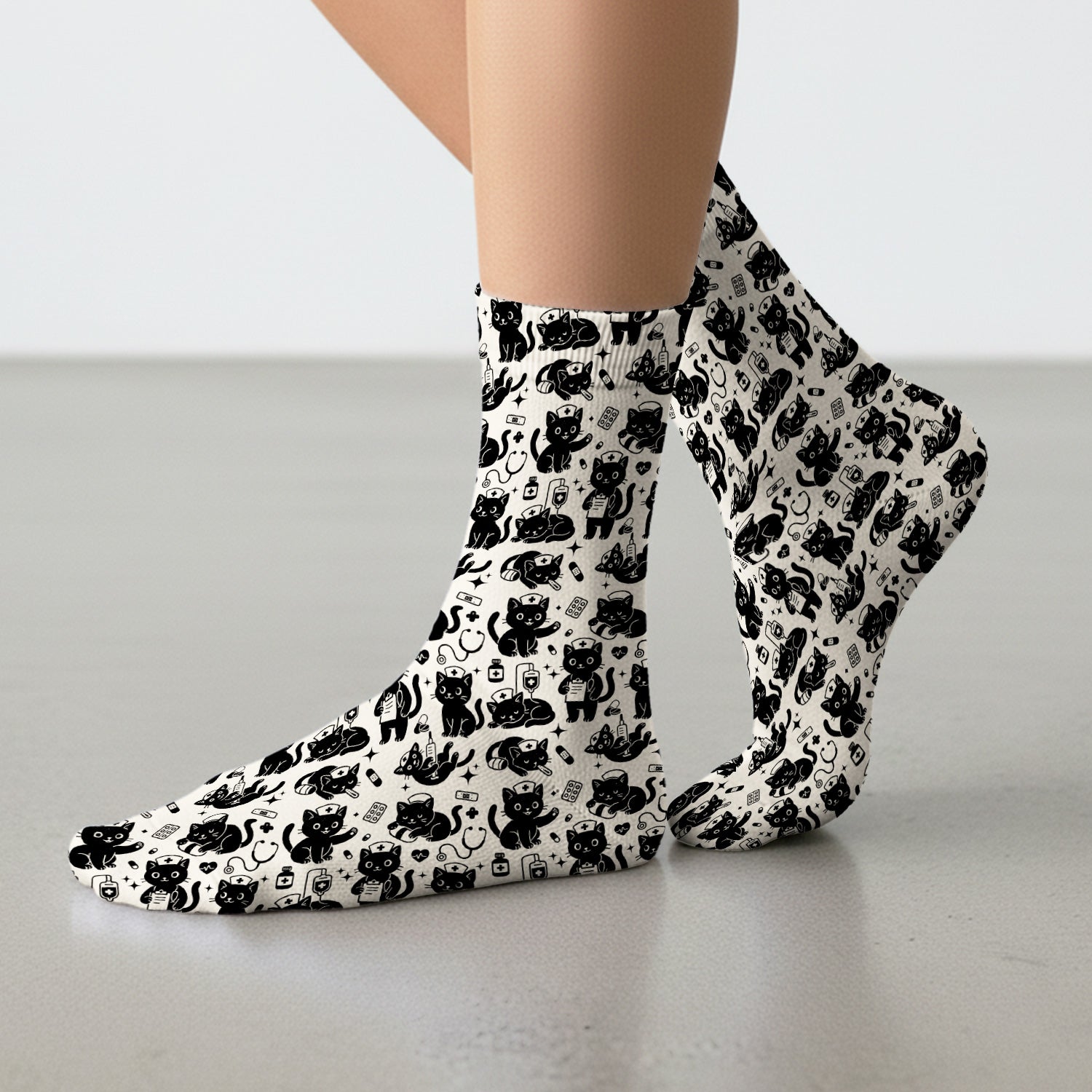 Cute Black Cat Nurse Pattern Socks, Adult Socks for Men and Women