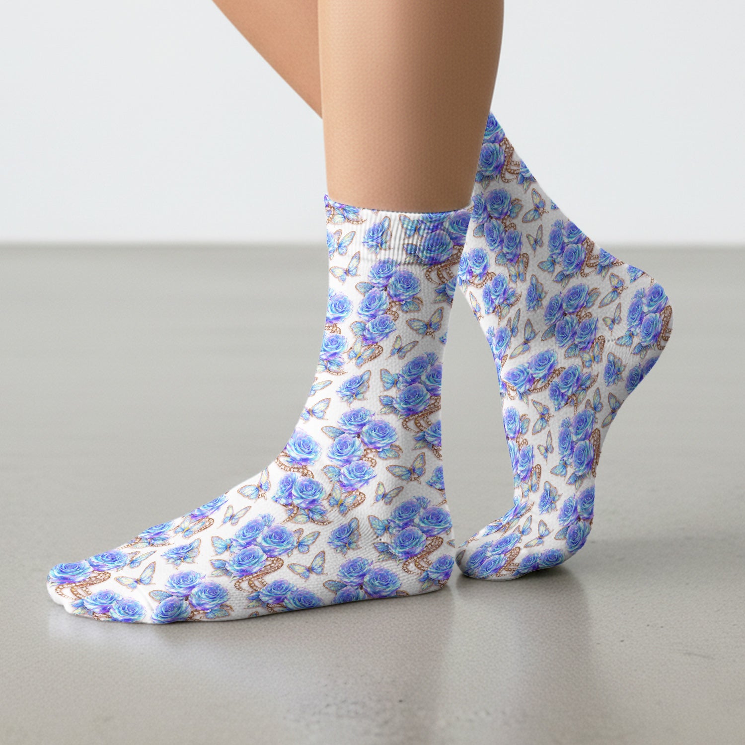 Blue Rose Butterfly Floral Print Socks, Socks for Nurse Doctor