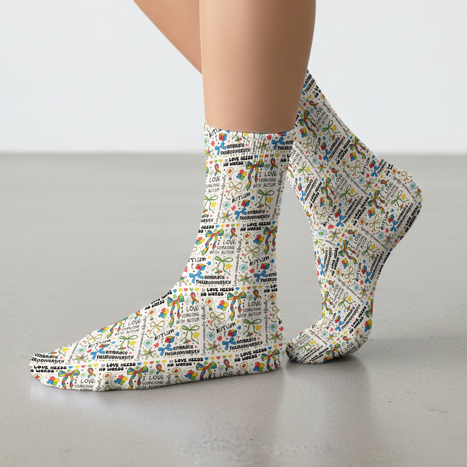 Autism Awareness Puzzle Ribbon Pattern Print Socks, Adult Socks for Men and Women
