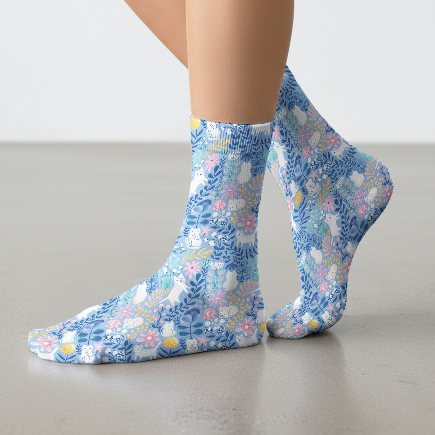Whimsical Cat Floral Pattern Socks, Socks for Nurse Doctor