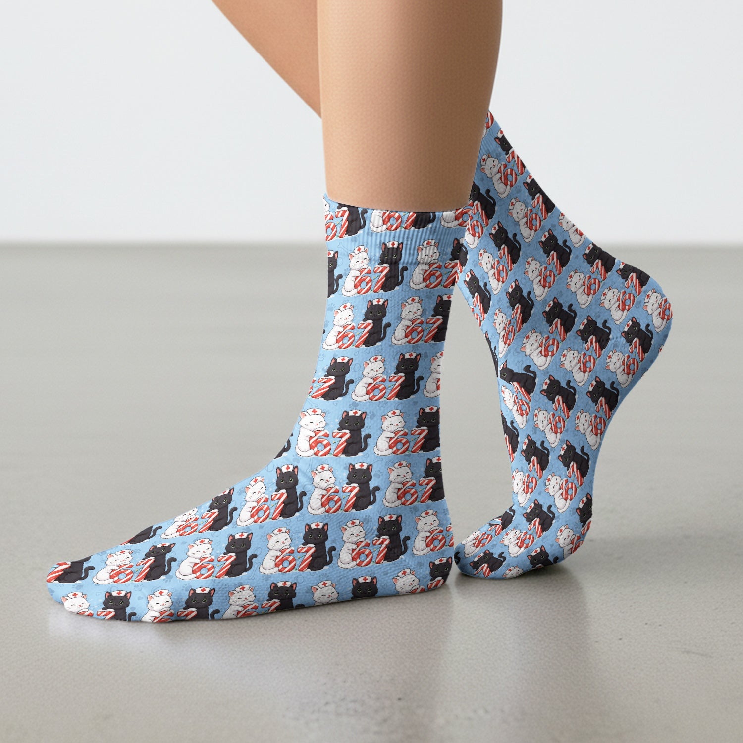 Xmas Cat Pattern Scrub Socks, Christmas Nurse Six Seven With Cat Scrub Sock, Breathable Fabrics Nursing Uniform
