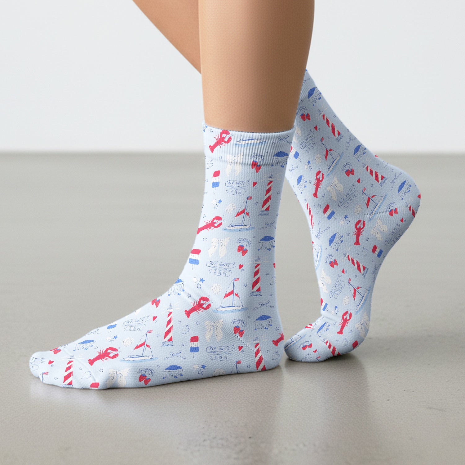 Lobster Lighthouse Sailboat Pattern Socks, Adult Socks for Men and Women