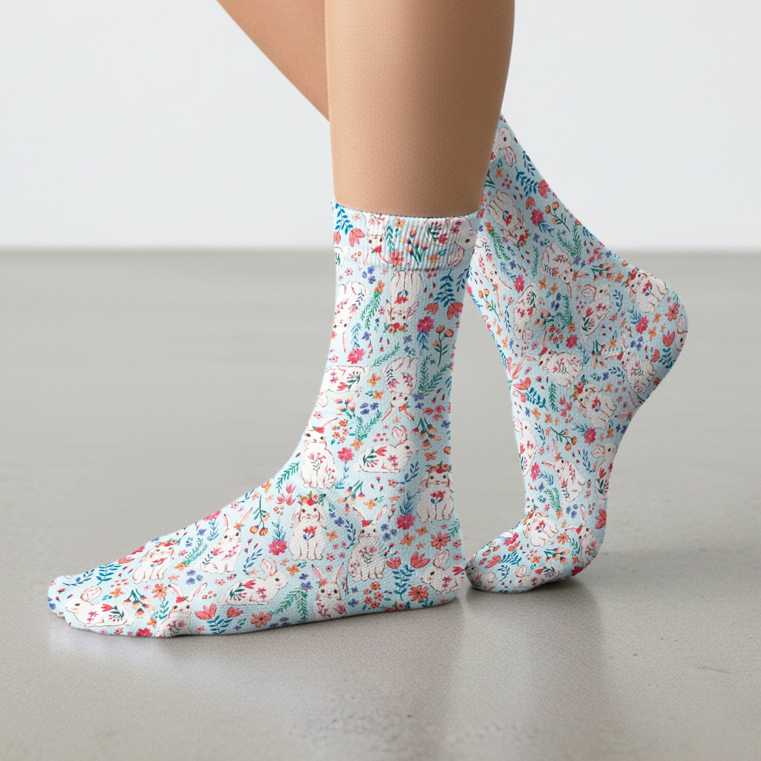 Springtime Bunny Floral Pattern Print Socks, Adult Socks for Men and Women