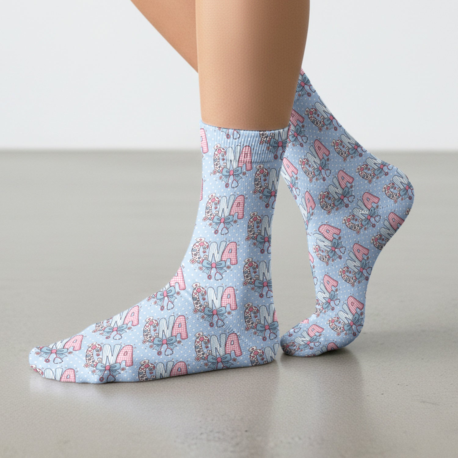 Cute CNA Floral Bow Pattern Print Socks, Adult Socks for Men and Women