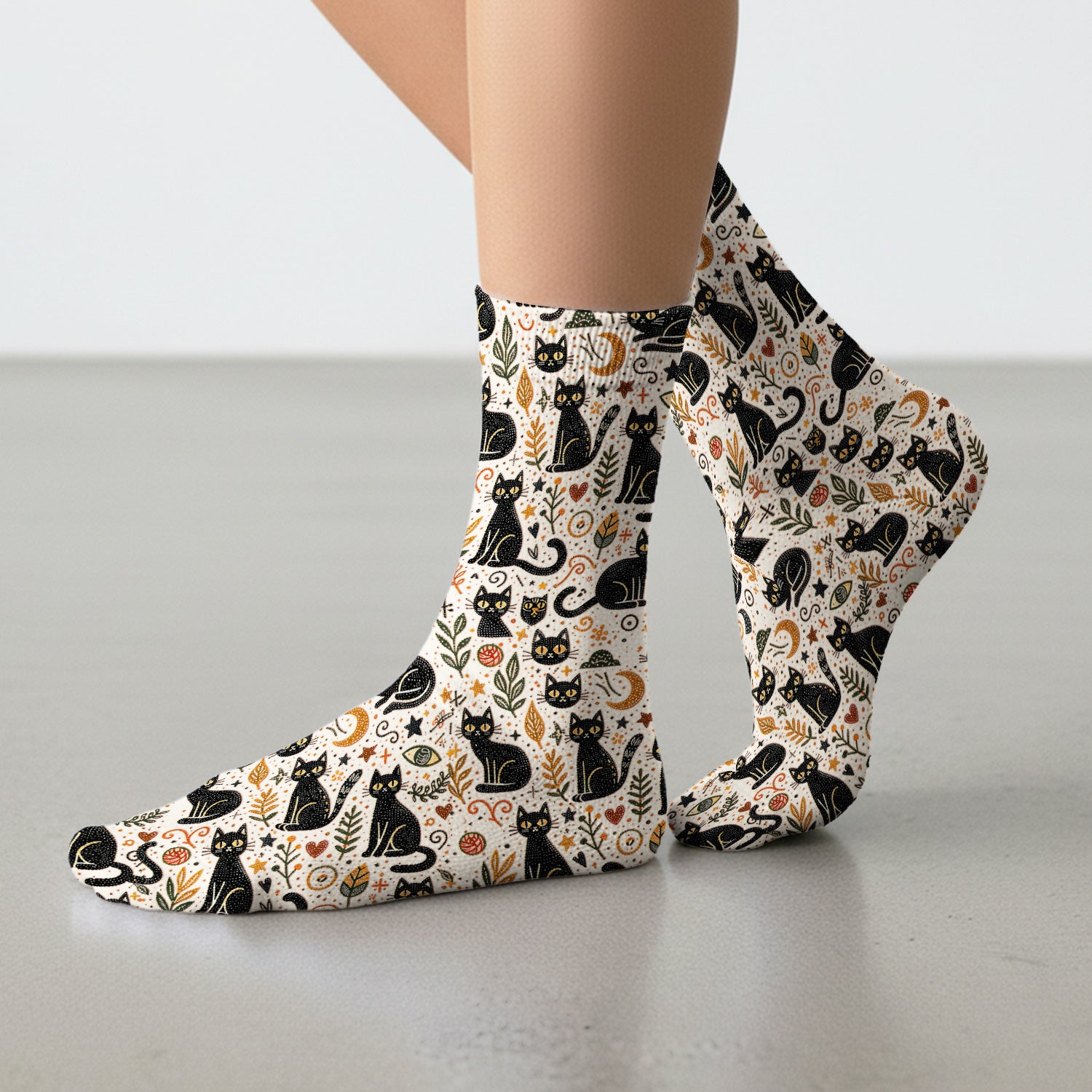 Mystic Black Cat Celestial Doodle Pattern Socks, Breathable Fabrics Medical Uniform