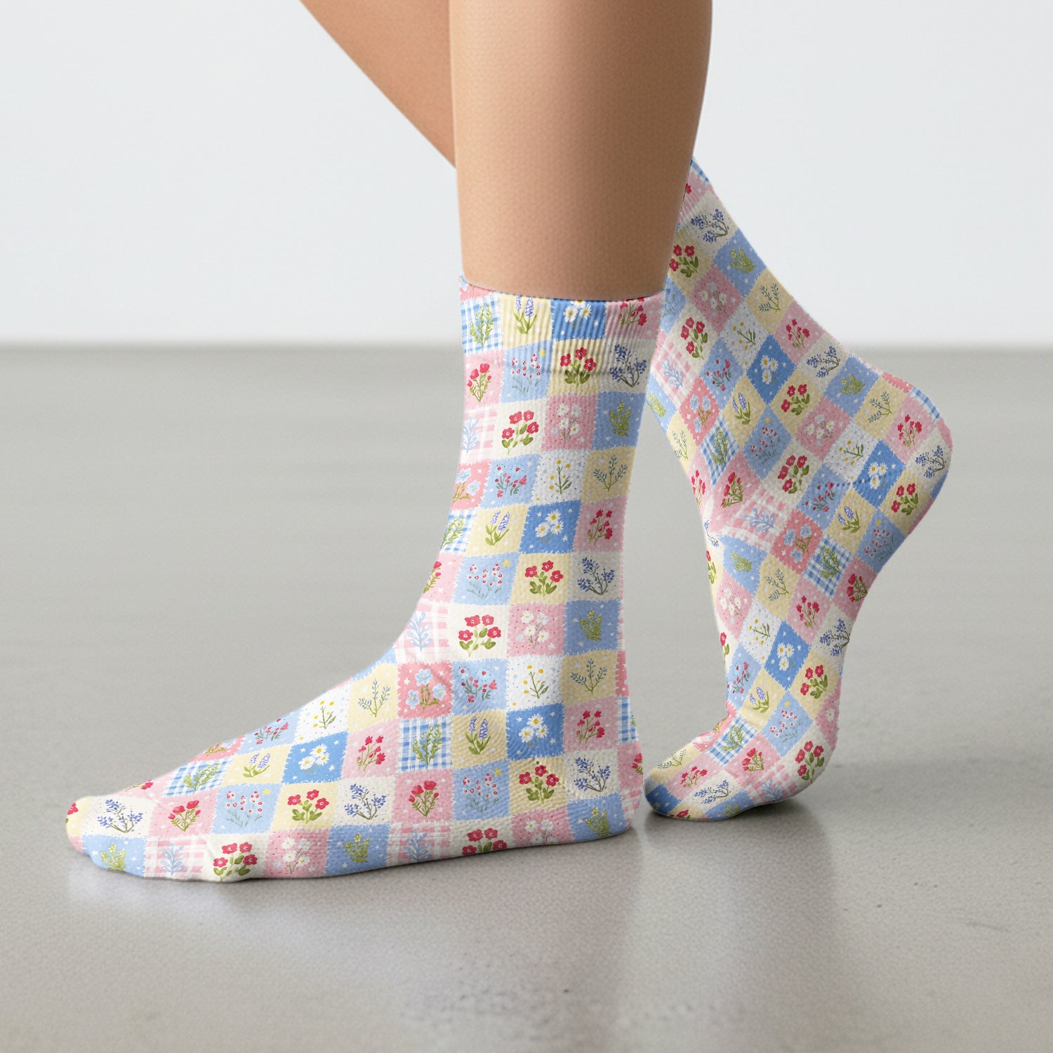 Pastel Patchwork Wildflower Garden Print Socks, Adult Socks for Men and Women