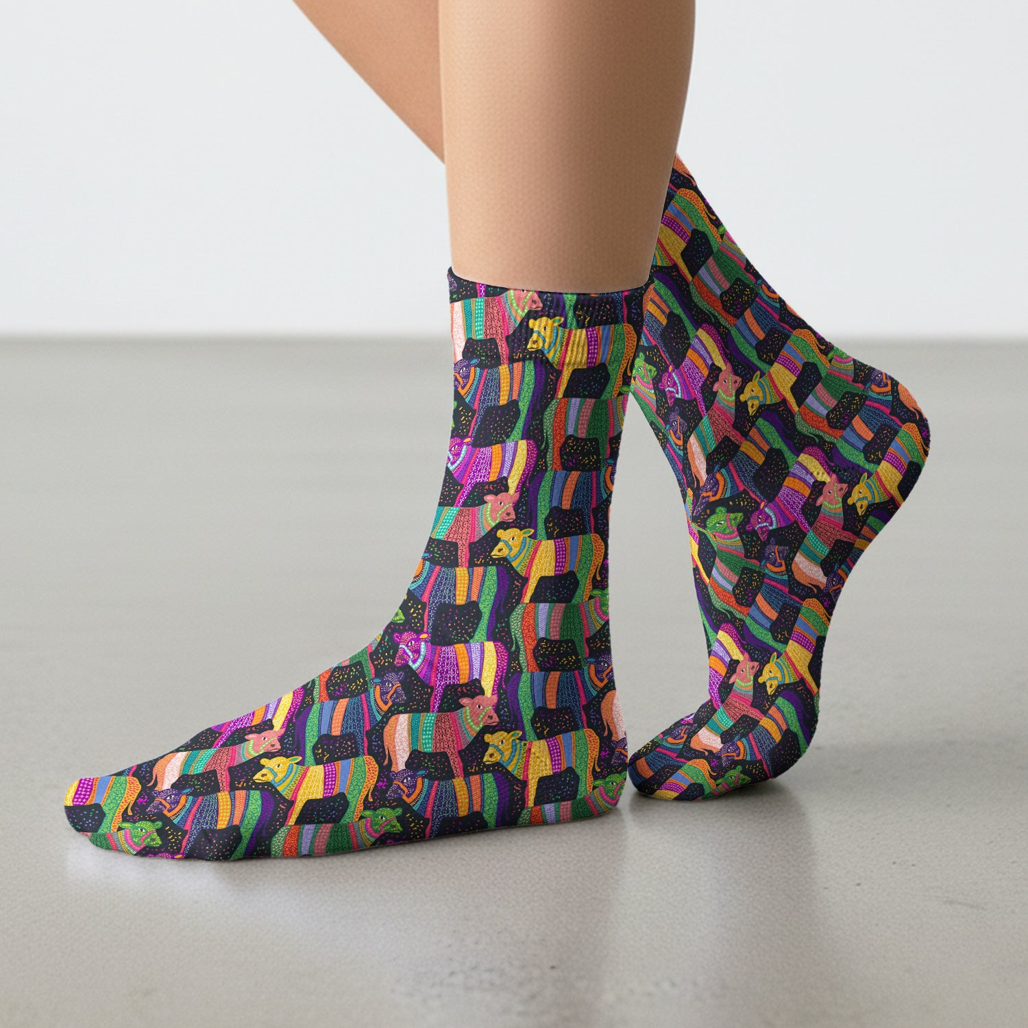 Vibrant Patchwork Rainbow Cow Pattern Socks, Socks for Nurse Doctor