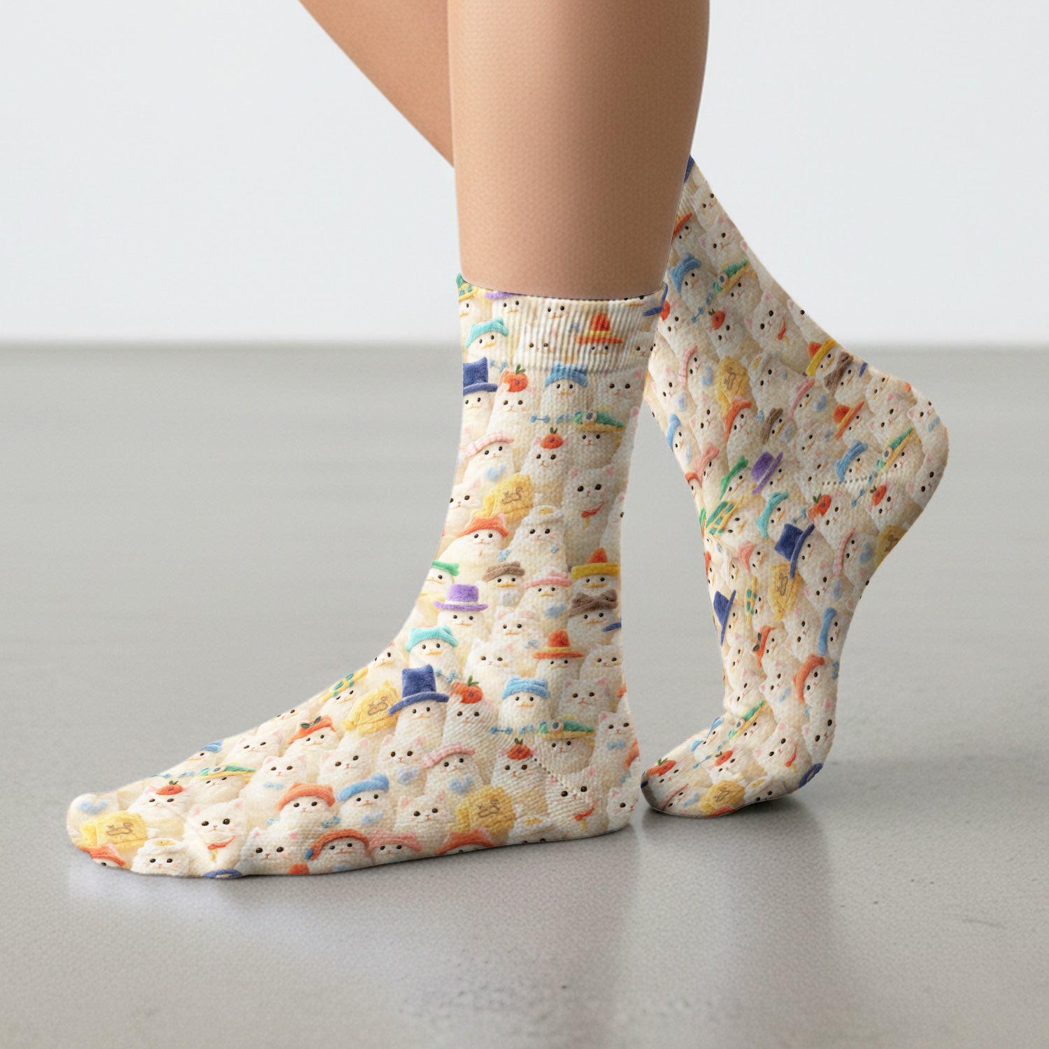 Adorable Cats Wearing Colorful Hats Pattern Socks, Adult Socks for Men and Women