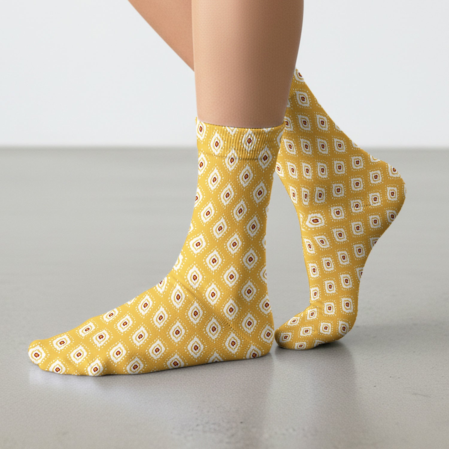 Cute Mustard Geometric Ikat Nurse Pattern Socks, Socks for Nurse Doctor