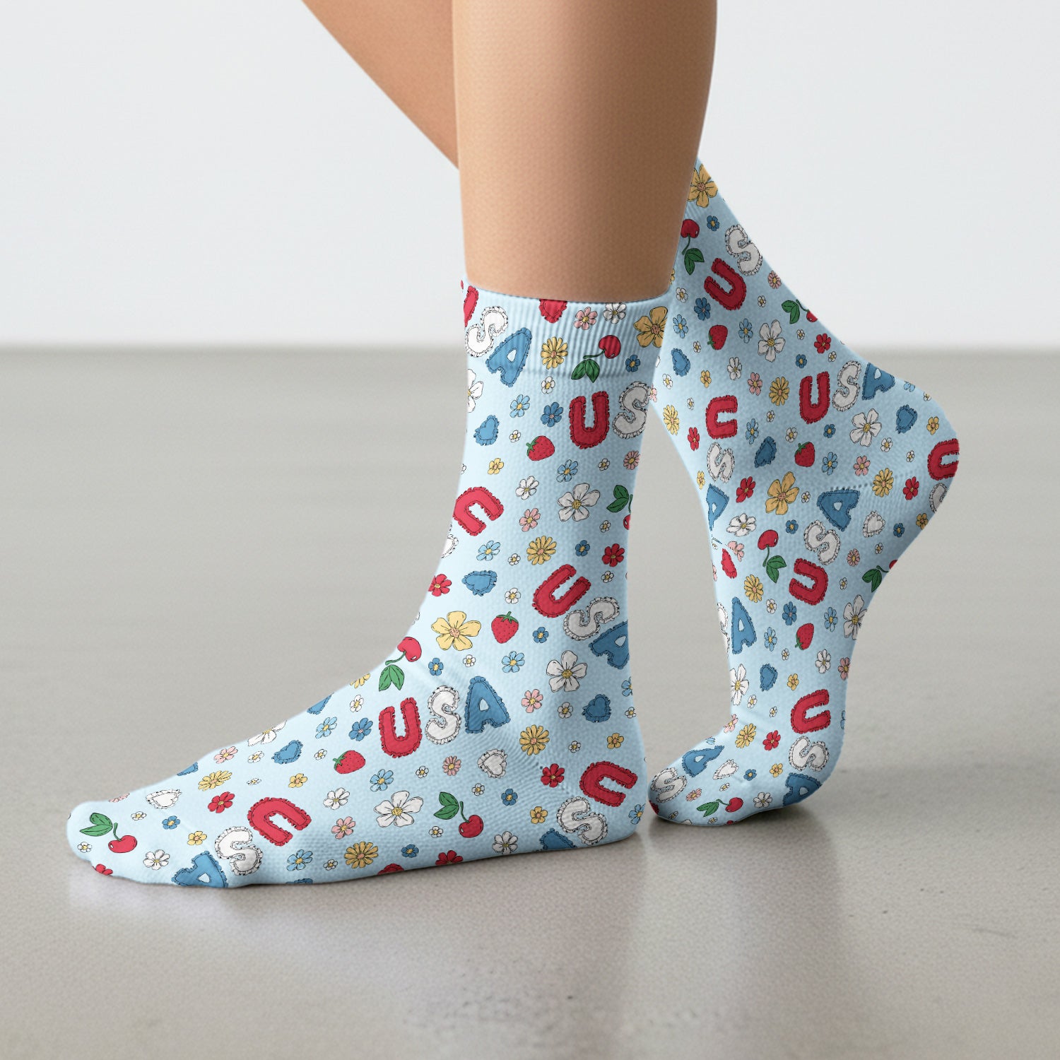 USA Cherry Strawberry Floral Patch Pattern Socks, Breathable Fabrics Medical Uniform