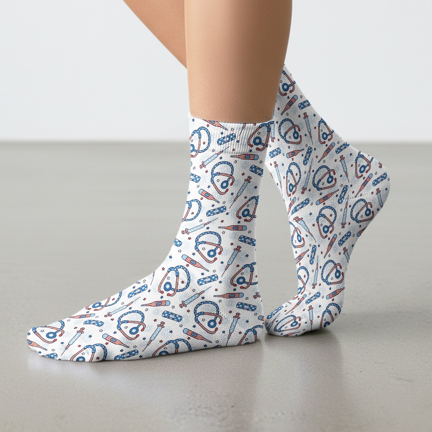 Funny Patriotic Stethoscope Bandage Nurse Pattern Socks, Adult Socks for Men and Women