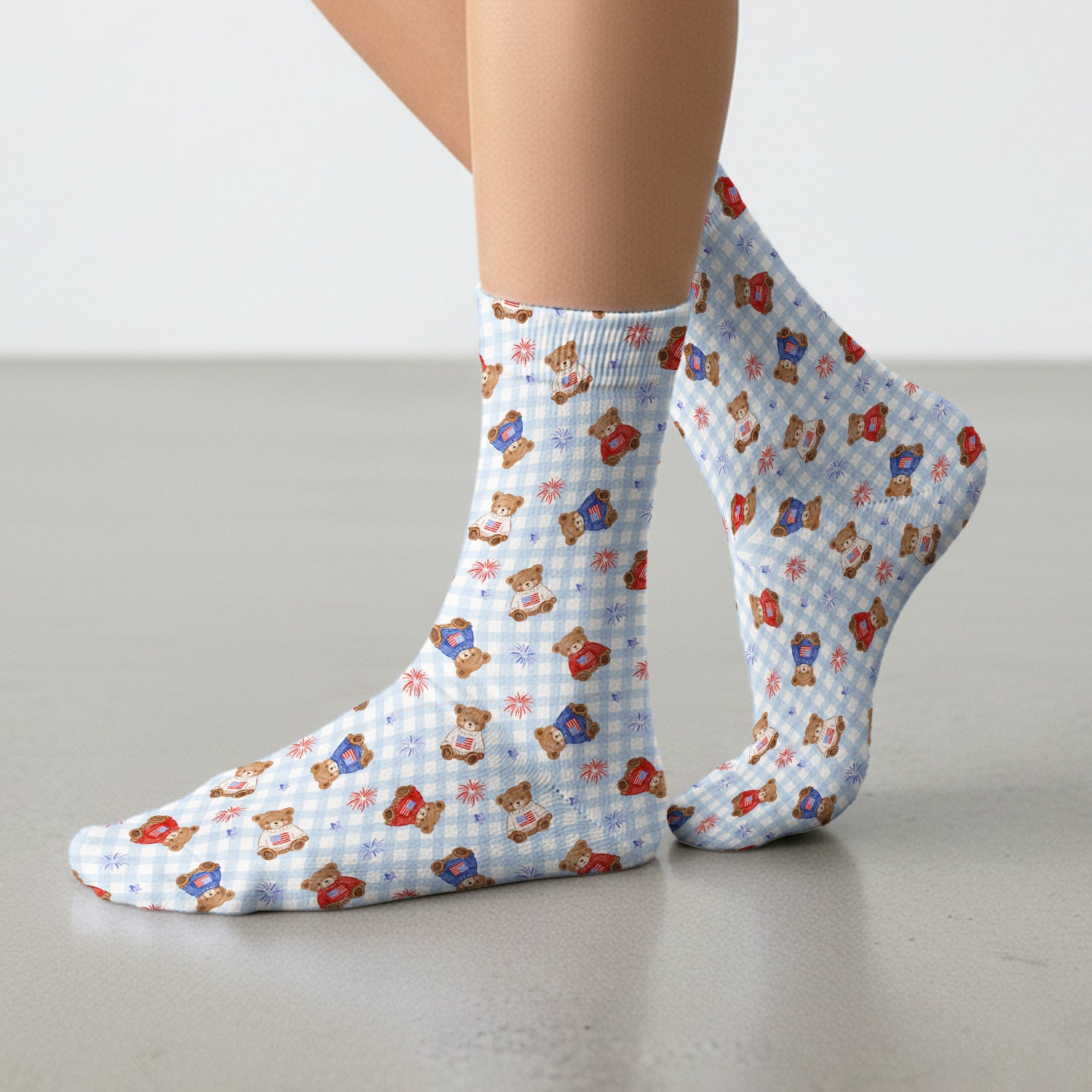 Cute Patriotic Teddy Bear Firework Gingham Pattern Socks, Adult Socks for Men and Women