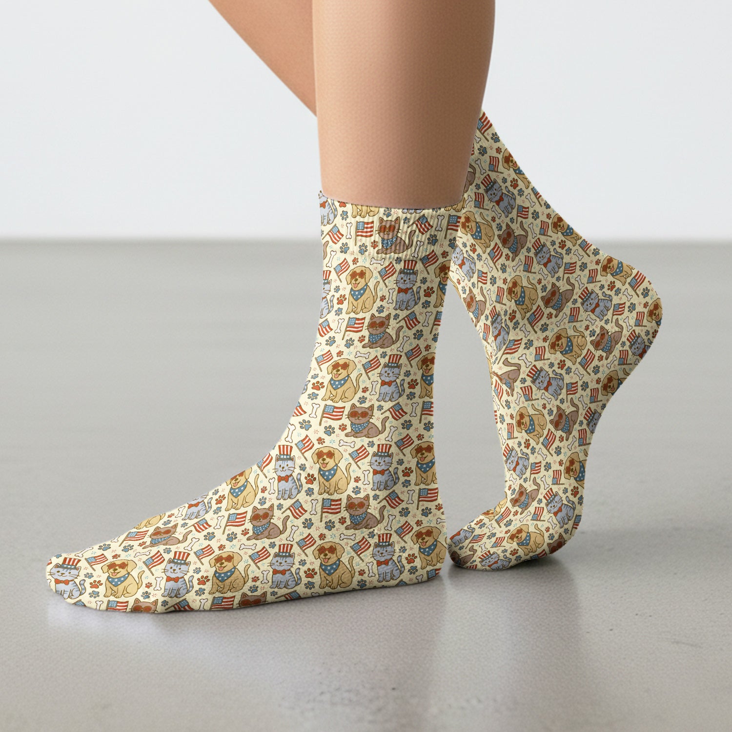 American Flag Patriotic Cat & Dog Pattern Socks, Adult Socks for Men and Women