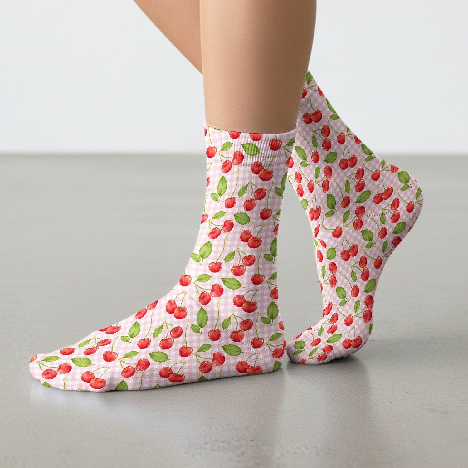 Sweet Red Cherry Gingham Pattern Socks, Cute Medical Staff Socks