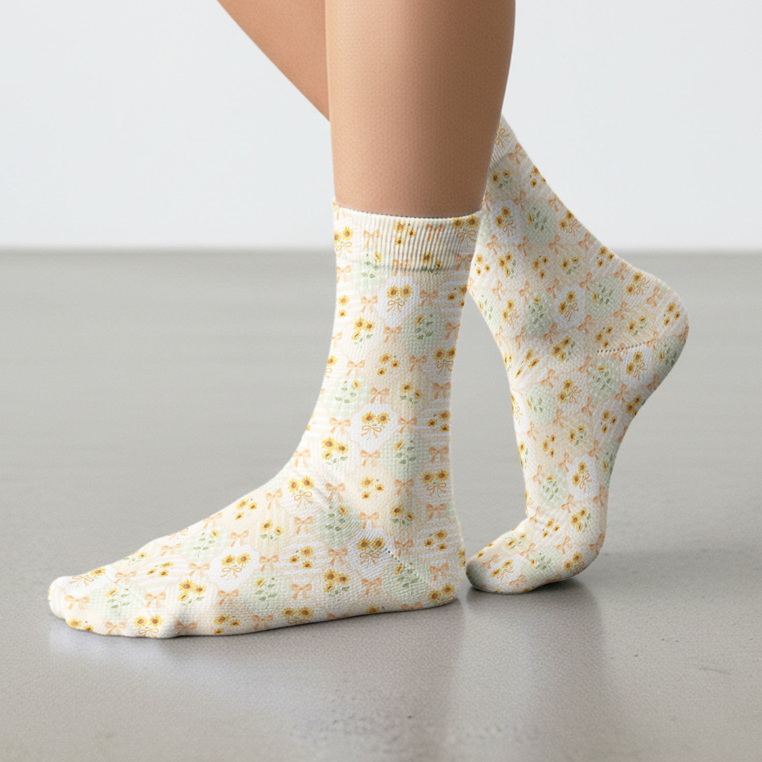 Cute Sunflower Ribbon Patchwork Pattern Socks, Adult Socks for Men and Women