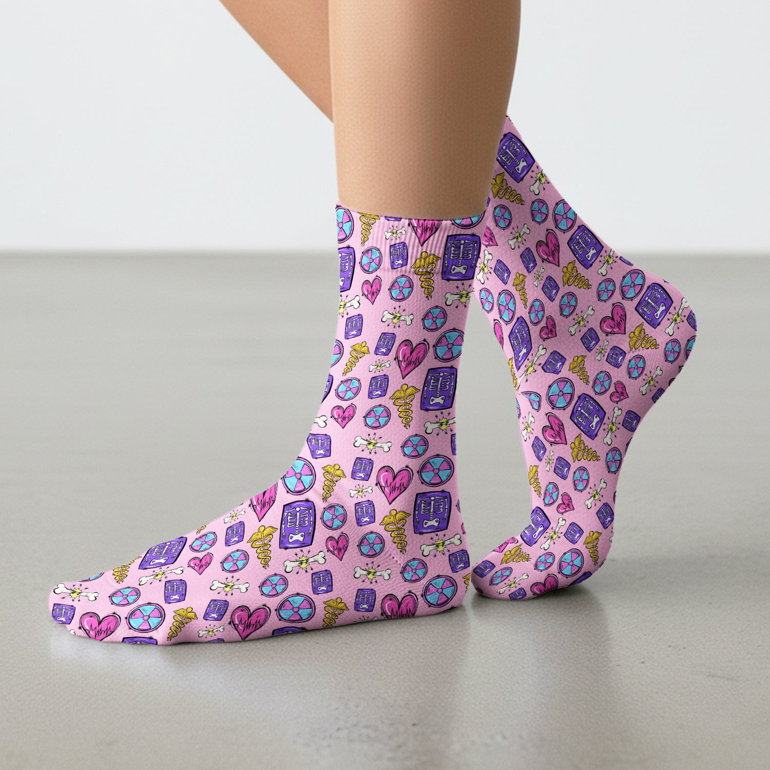 Sassy Nurse Heart Bone Caduceus Xray Icon Print Nurse Socks, Adult Socks for Men and Women