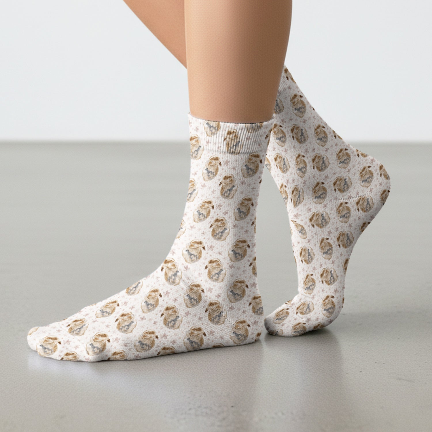 Cute Sleeping Bunny Floral Meadow Pattern Nurse Socks, Adult Socks for Men and Women