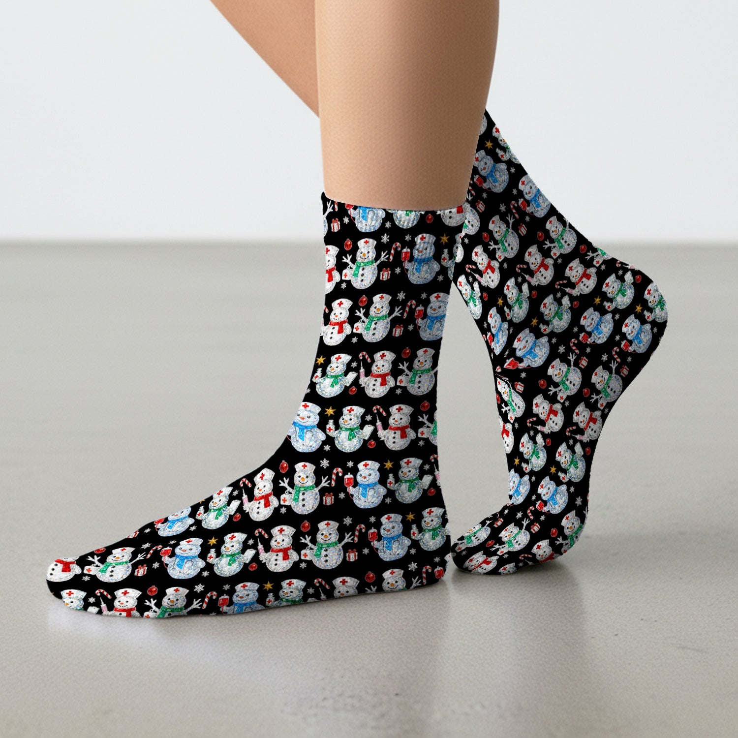 Nurse Snowman Christmas Scrub Socks, Cute Holiday Medical Pattern Sock For Women, Winter Snowflake Nursing Uniform
