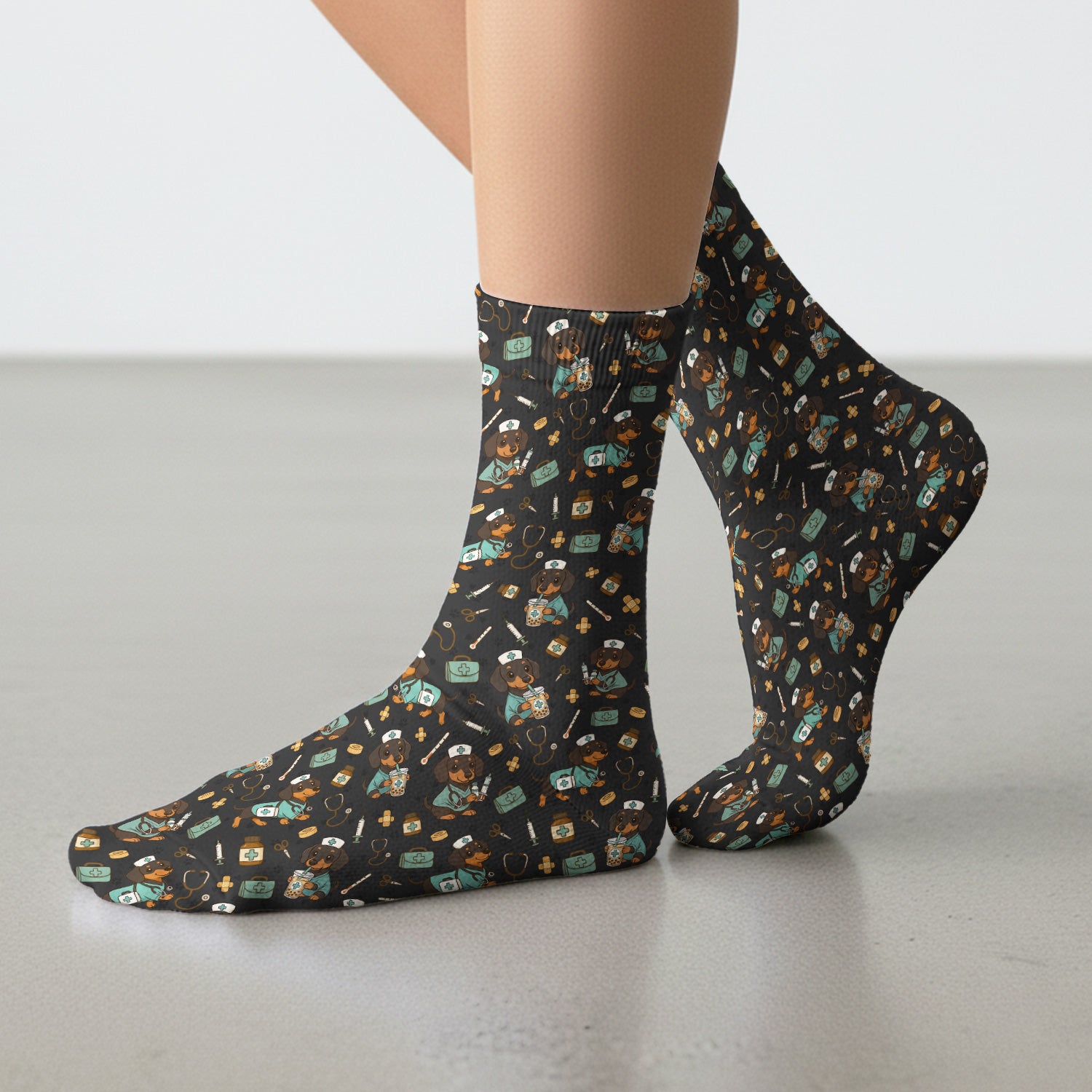 Funny Dachshund Nurse Scrubs Socks - Cute Dog Print Medical Sock - Holiday Nurse Scrub Gift for RN CNA Doctor
