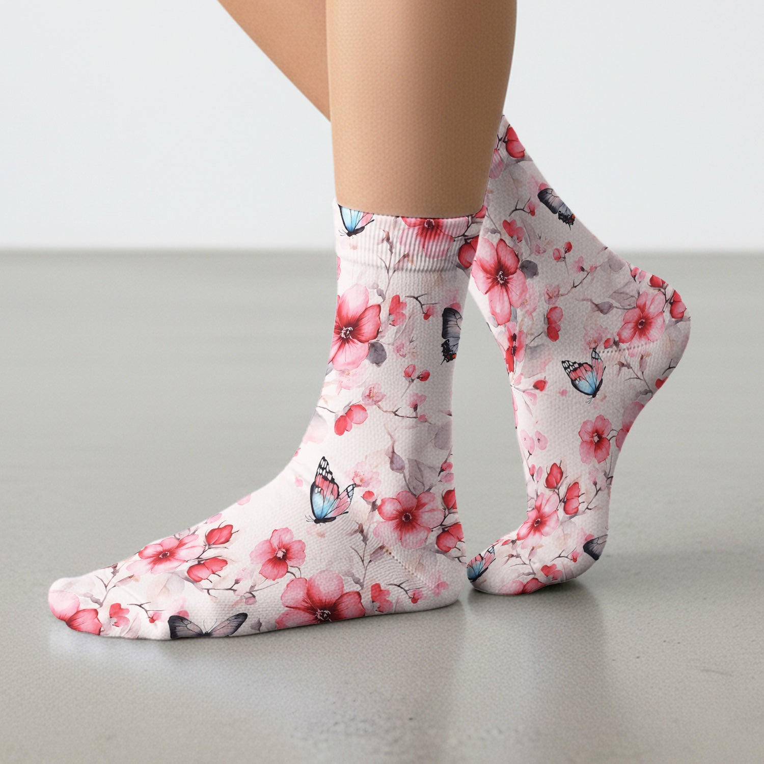 Pink Butterfly Blossom Pattern Socks, Adult Socks for Men and Women