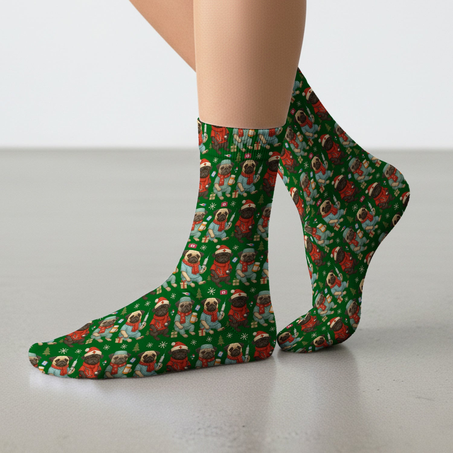 Christmas Pug Nurse Scrub Socks, Cute Holiday Dog Medical Uniform Shirt For Nursing