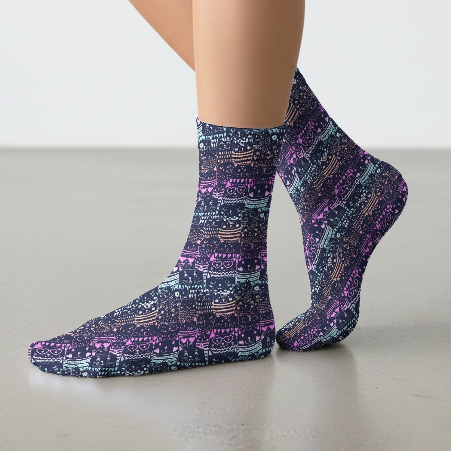 Cute Neon Cat Faces Pattern Socks, Adult Socks for Men and Women
