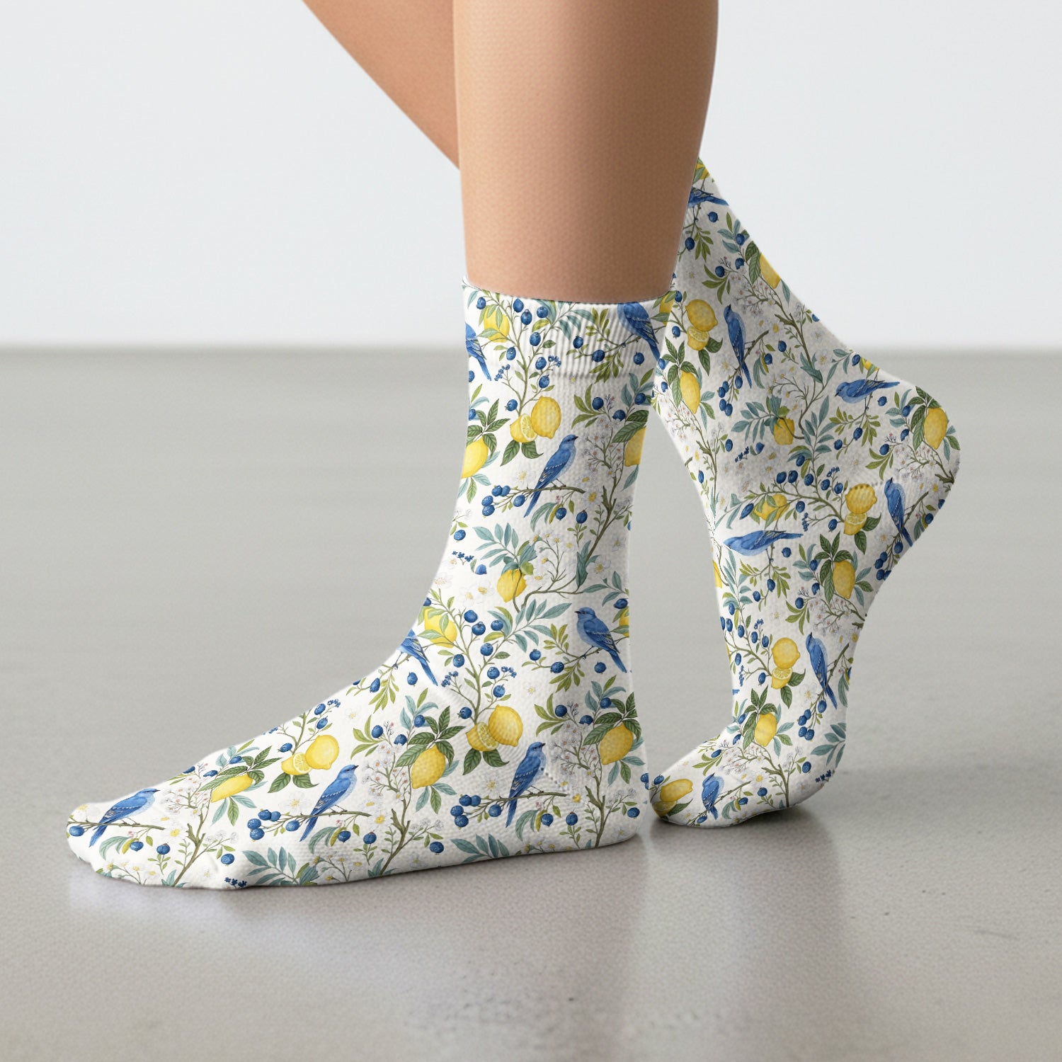 Cute Bluebird Lemon Berry Pattern Socks, Adult Socks for Men and Women