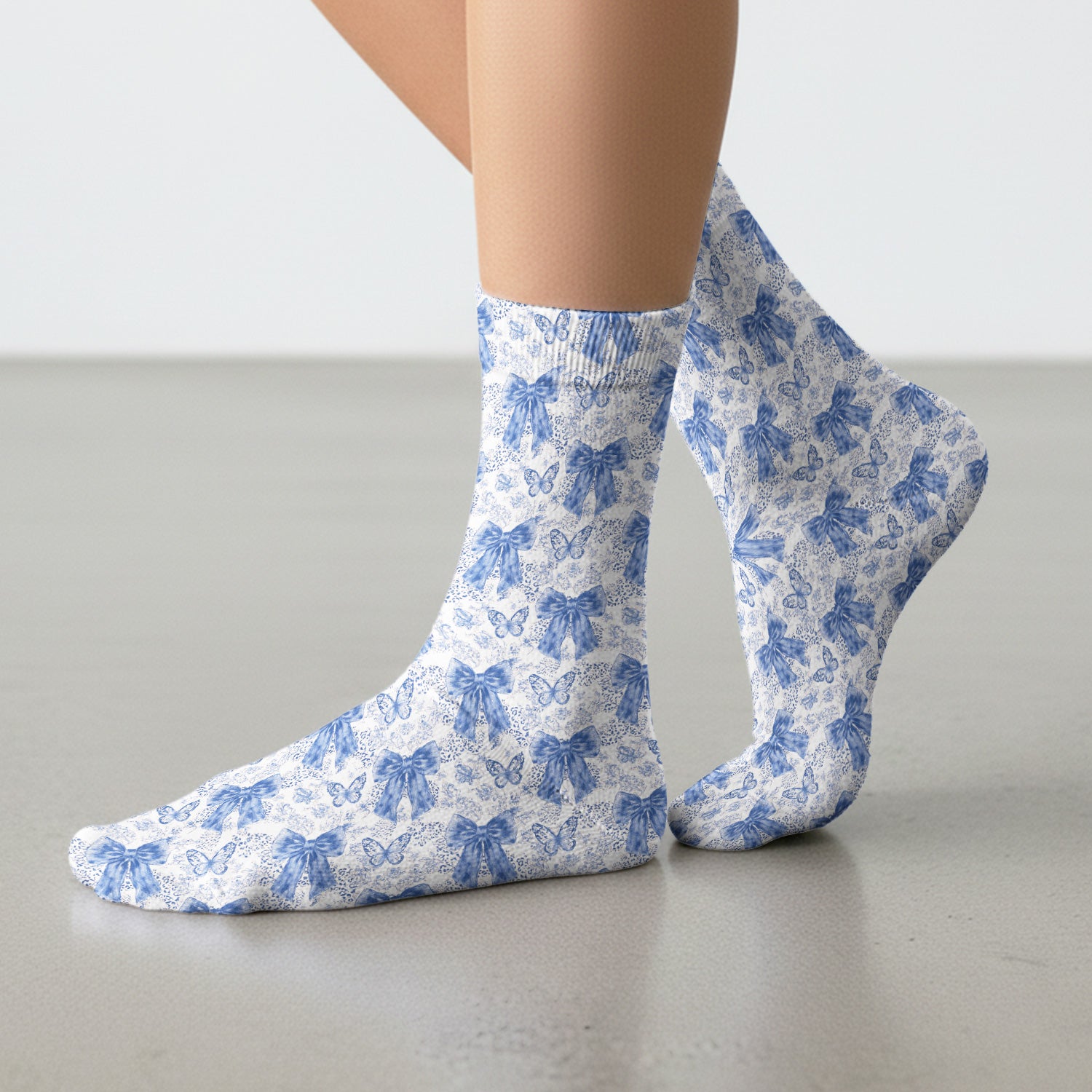 Blue Bow And Butterfly Vintage Floral Socks, Adult Socks for Men and Women
