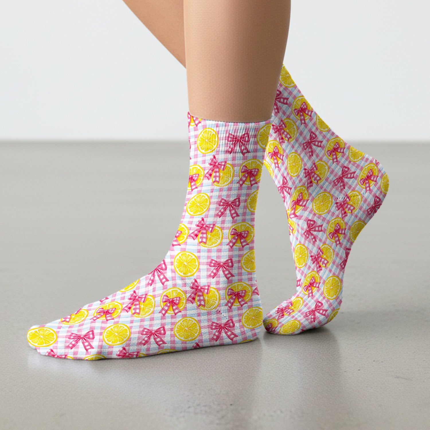 Cute Lemon Slice Pink Bow Gingham Pattern Socks, Adult Socks for Men and Women