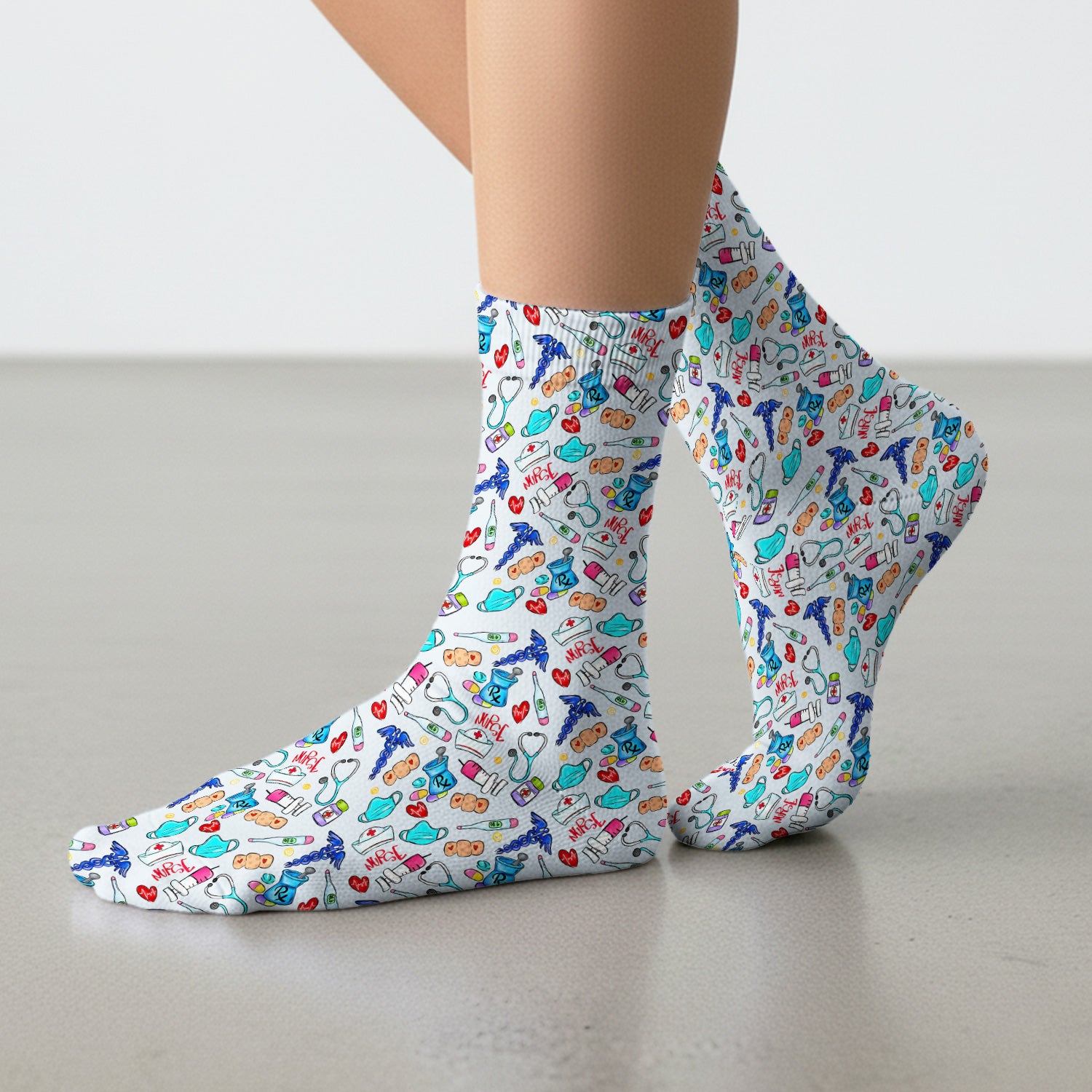 Nurse Medical Icons Stethoscope Heart Pattern Socks, Breathable Fabrics Medical Uniform