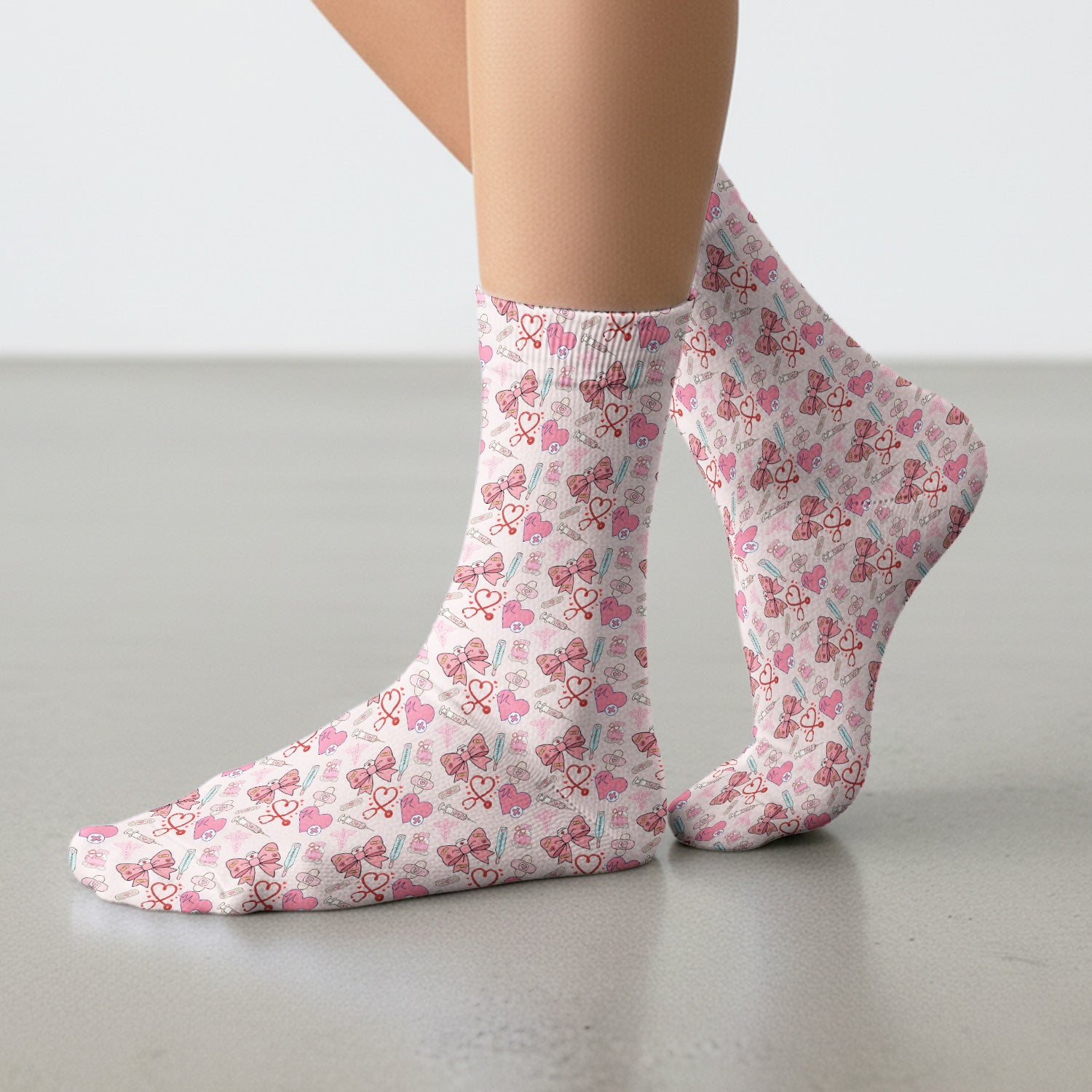 Pink Nurse Bow Heart Print Scrub Socks, Adult Socks for Men and Women
