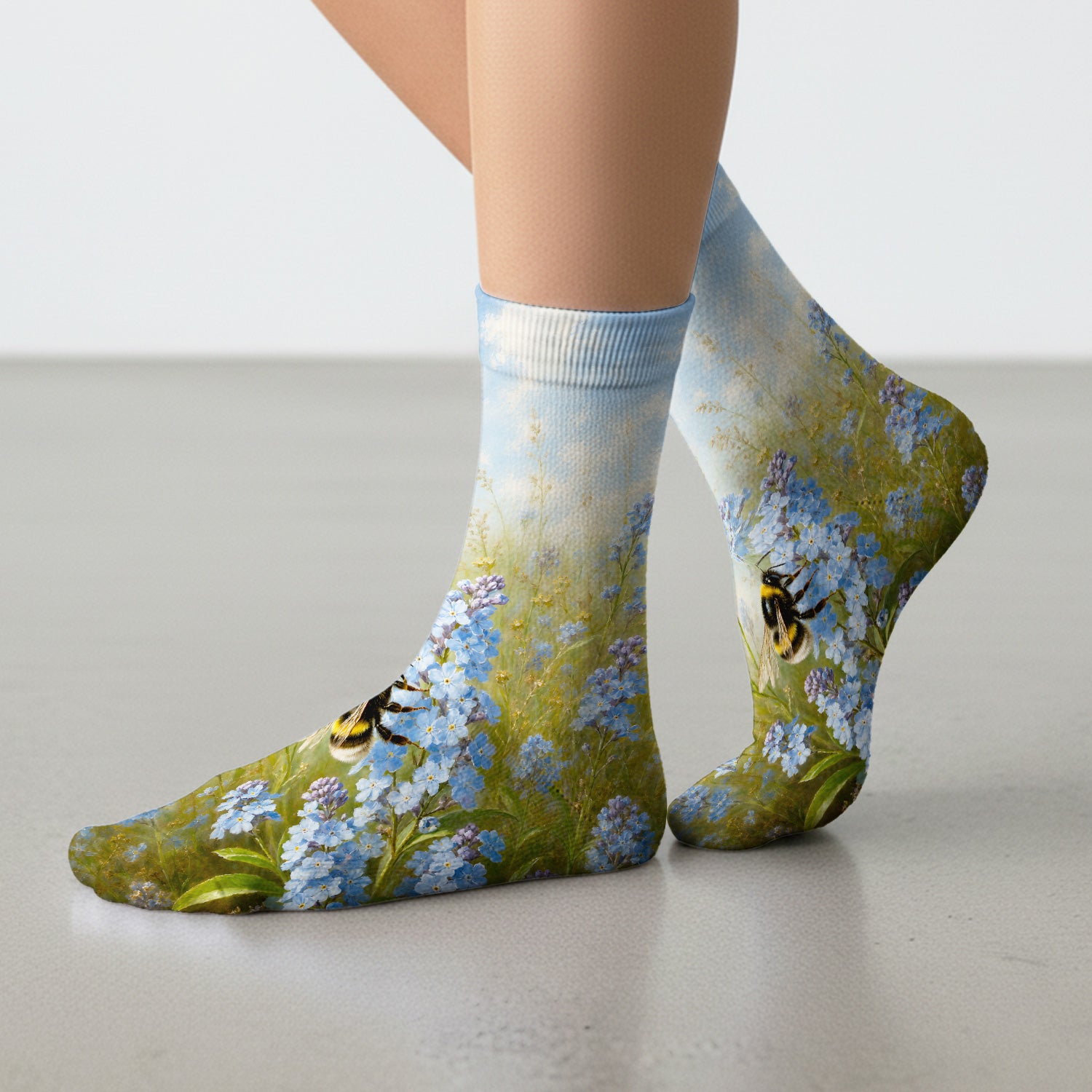 Whimsical Bumblebee Blue Blossom Pattern Socks, Adult Socks for Men and Women