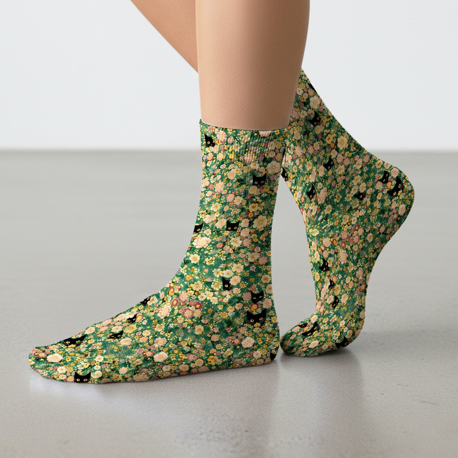 Cute Black Cat In Floral Garden Pattern Socks, Adult Socks for Men and Women