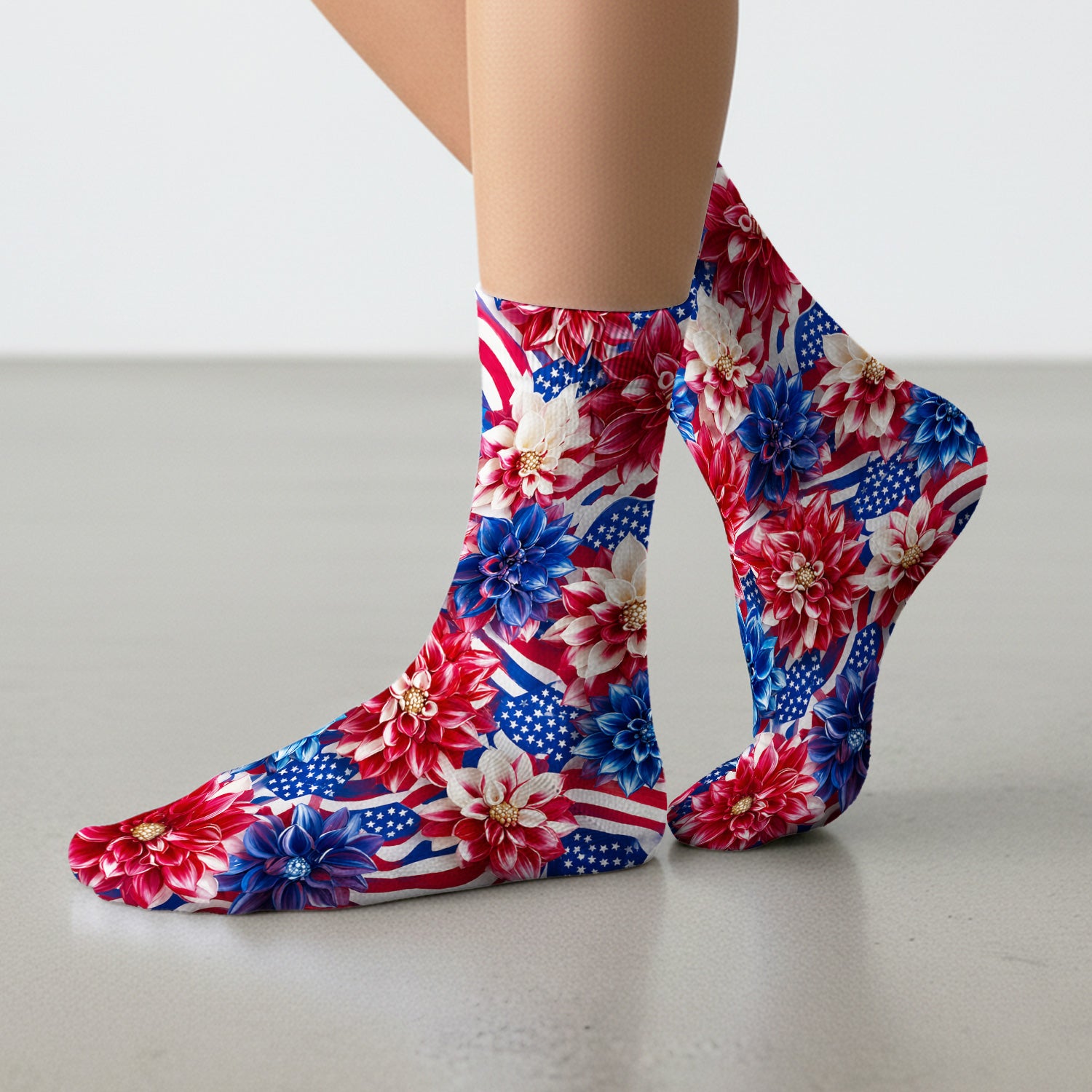 Festive Patriotic Floral Flag Pattern Socks, Adult Socks for Men and Women