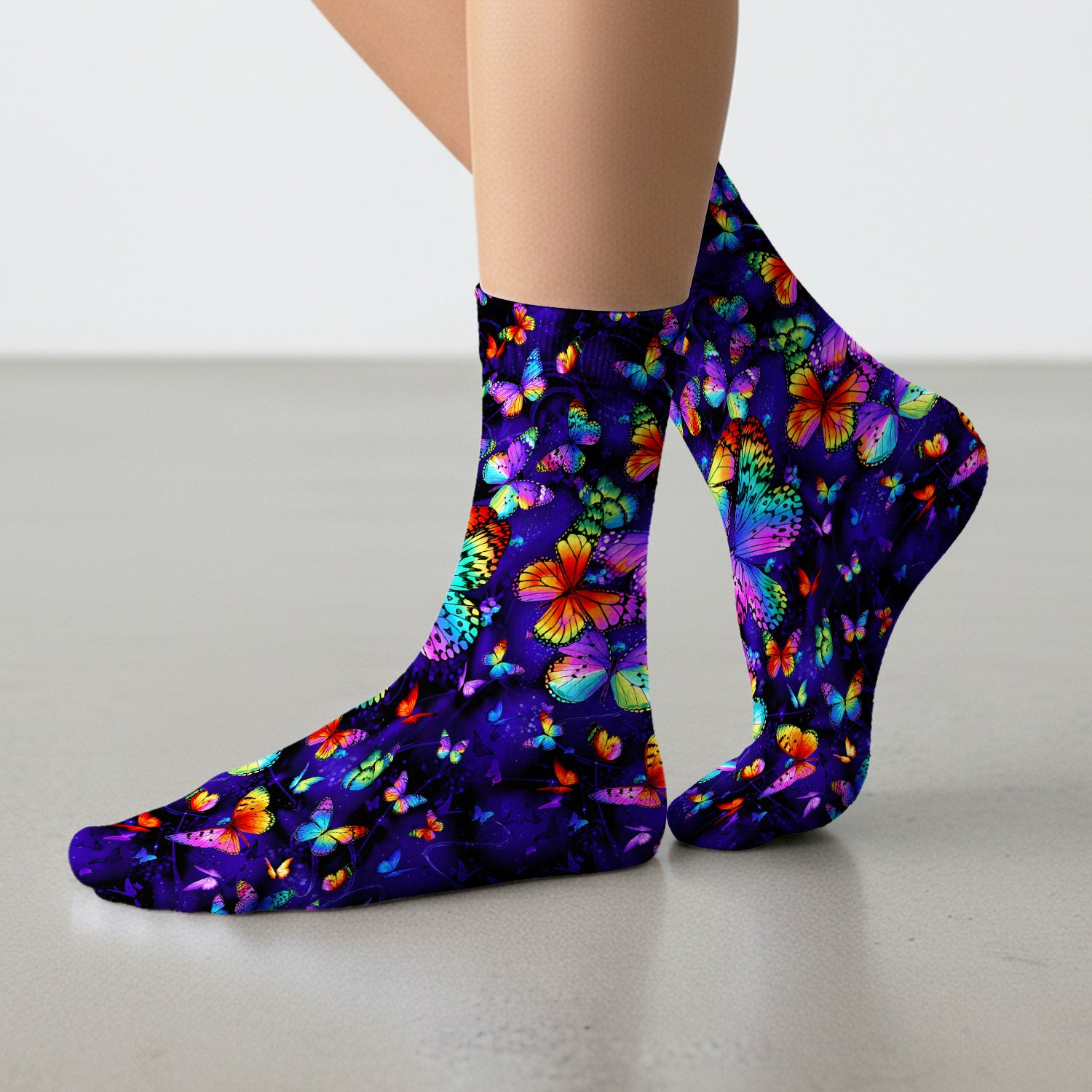 Vibrant Rainbow Butterfly Galaxy Pattern Socks, Adult Socks for Men and Women