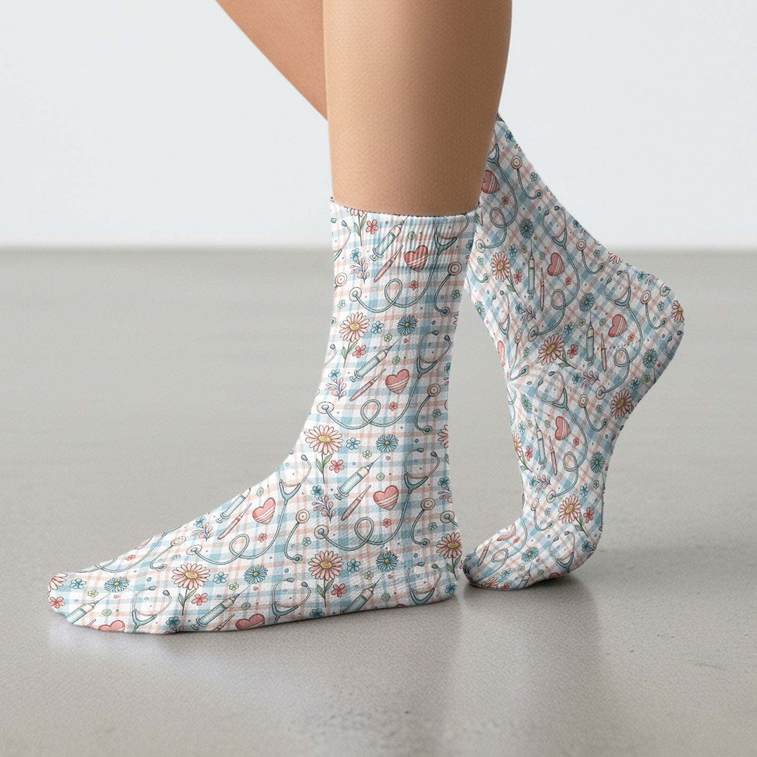 Stethoscope Heart Syringe Floral Plaid Pattern Socks, Adult Socks for Men and Women