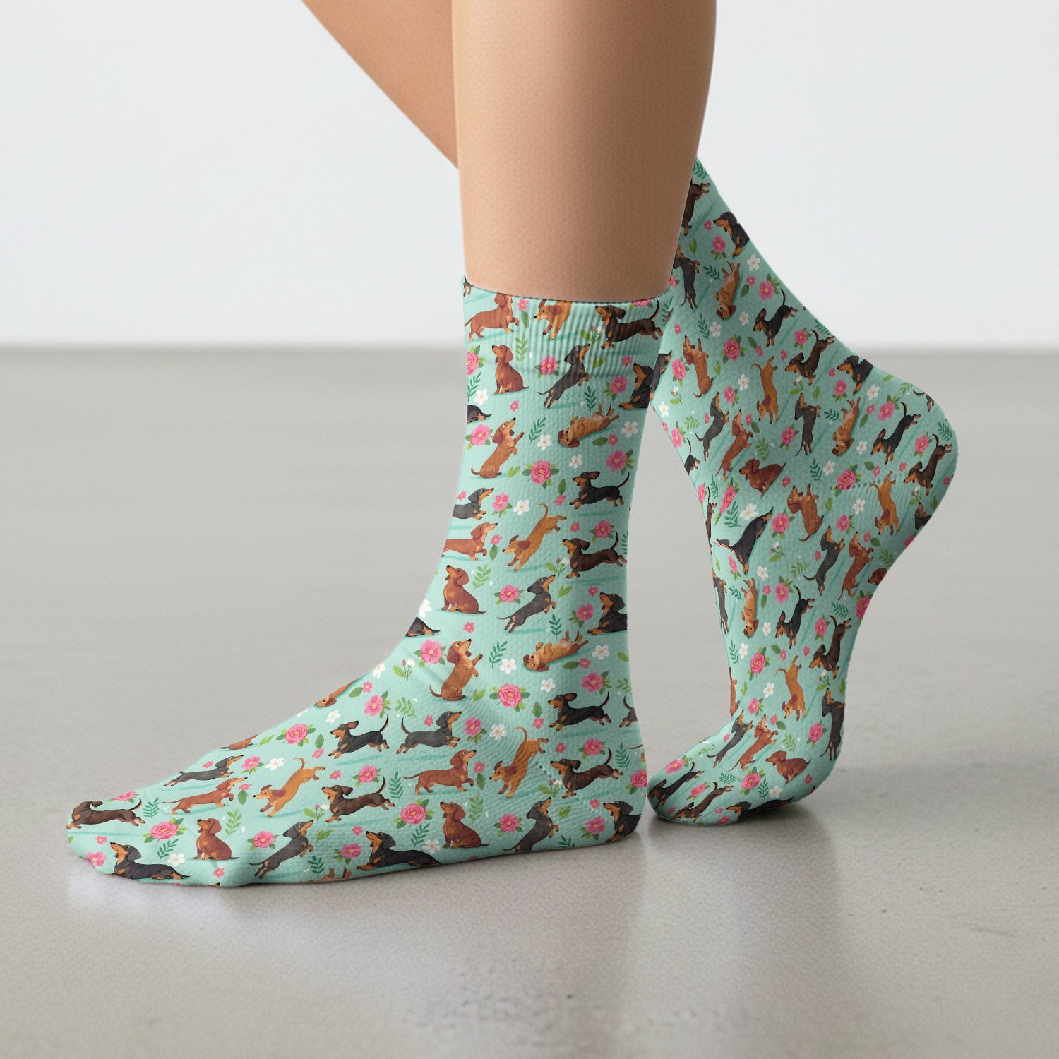 Cute Floral Dachshund Puppy Pattern Socks, Adult Socks for Men and Women