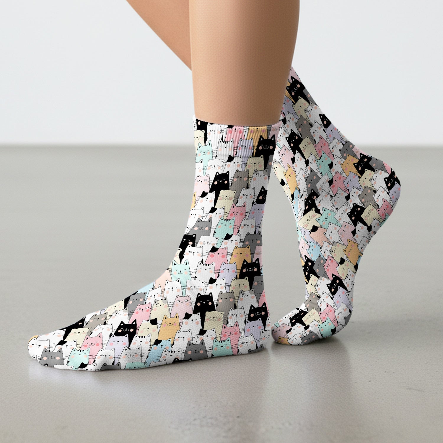 Playful Cartoon Cat Crowd Pattern Print Socks, Socks for Nurse Doctor