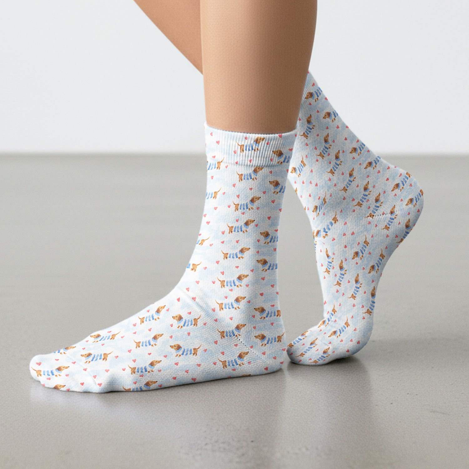 Sweet Dachshund And Pink Hearts Print Socks, Socks for Nurse Doctor