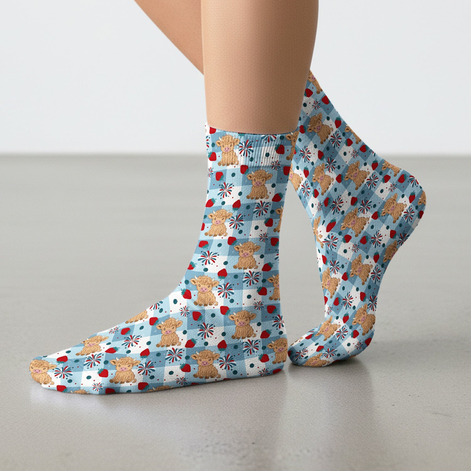 Highland Cow Strawberry Firework Gingham Pattern Socks, Adult Socks for Men and Women