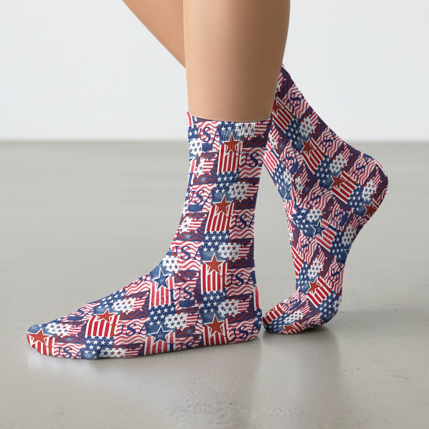 Patriotic USA Star Patchwork Pattern Socks, Adult Socks for Men and Women