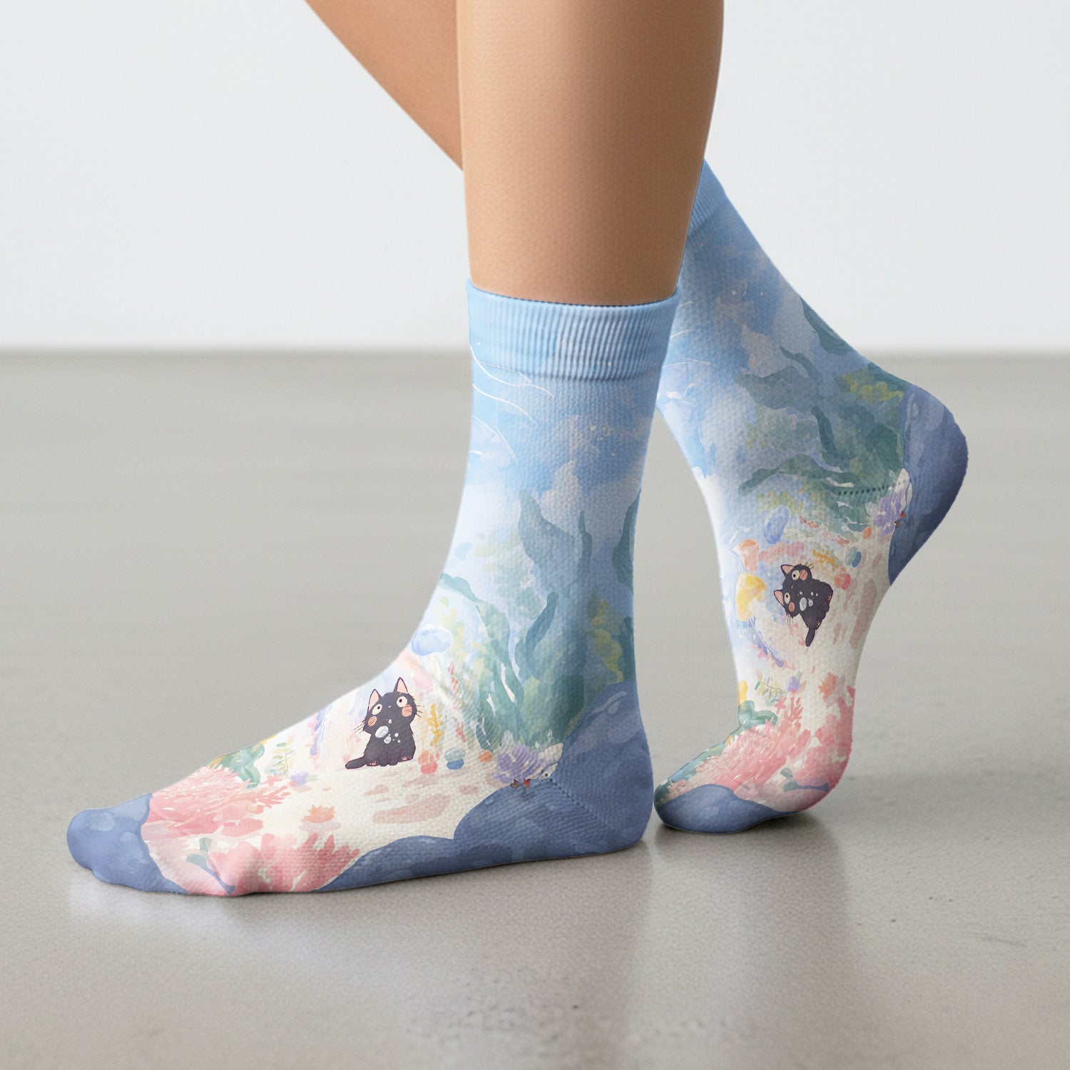 Cute Underwater Black Cat Jellyfish Pattern Print Socks, Adult Socks for Men and Women