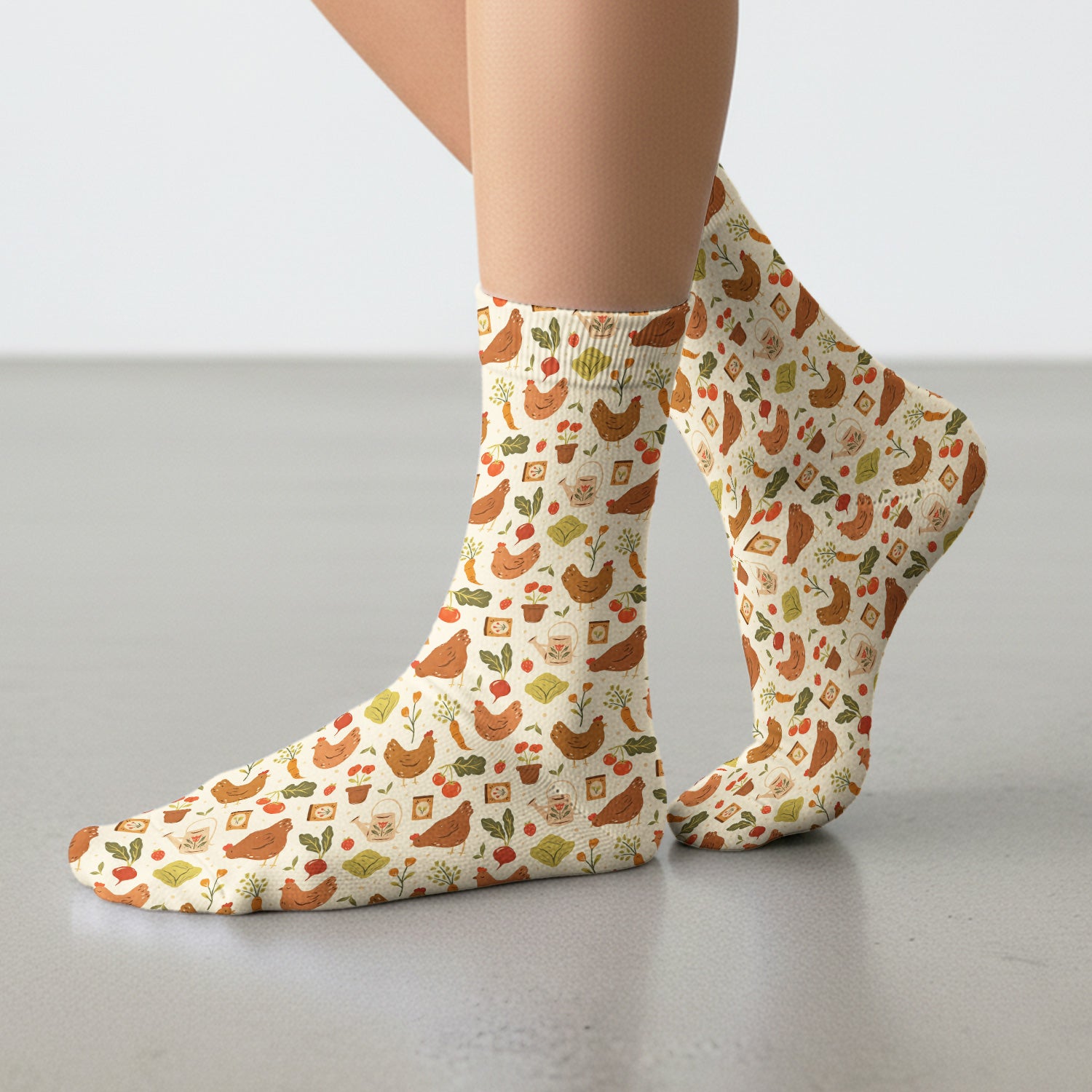 Rustic Farm Chicken Garden Vegetable Pattern Socks, Adult Socks for Men and Women